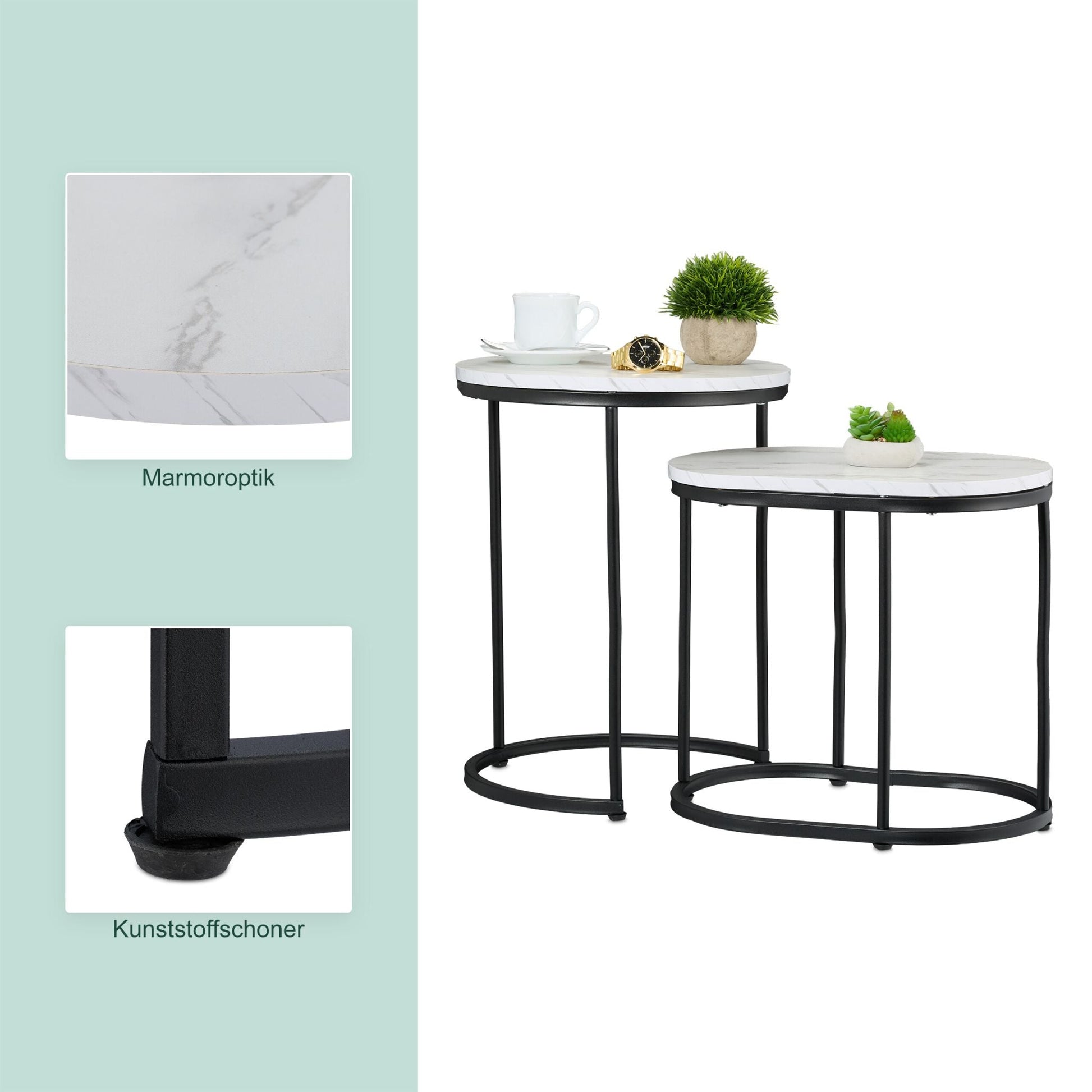 Satztisch 2er-Set Marmoroptik & Metall Weiss-Schwarz von Relaxdays