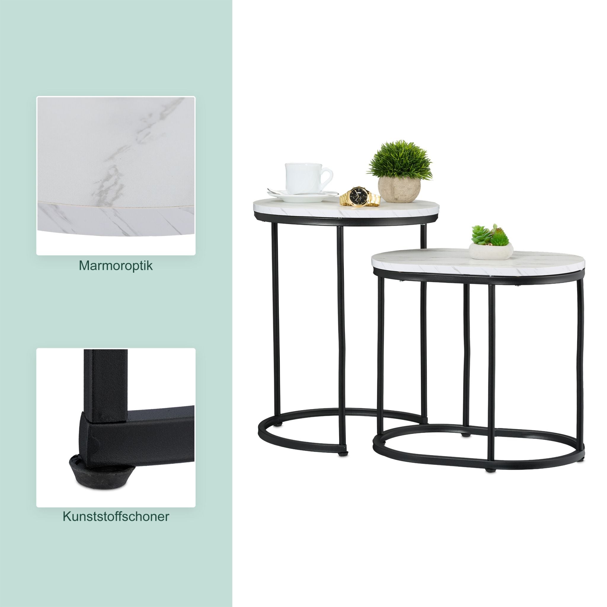 Satztisch 2er-Set Marmoroptik & Metall Weiss-Schwarz von Relaxdays