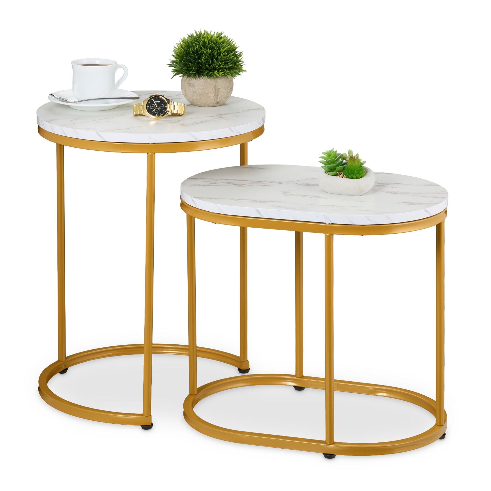 Satztisch 2er-Set Marmoroptik & Metall Weiss-Gold von Relaxdays