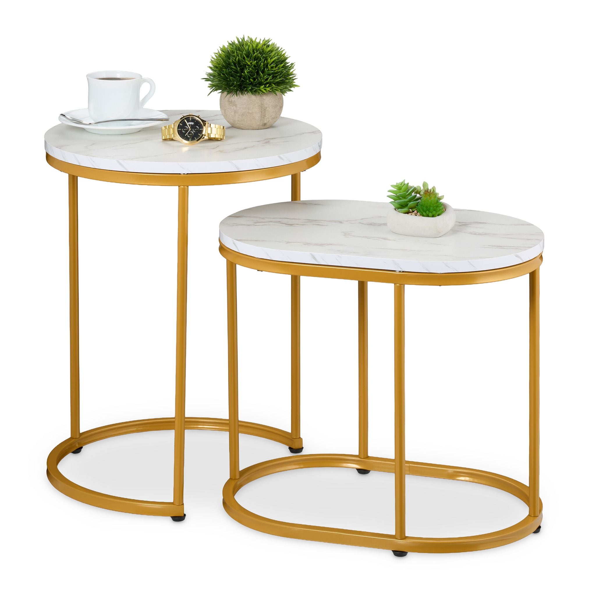 Satztisch 2er-Set Marmoroptik & Metall Weiss-Gold von Relaxdays