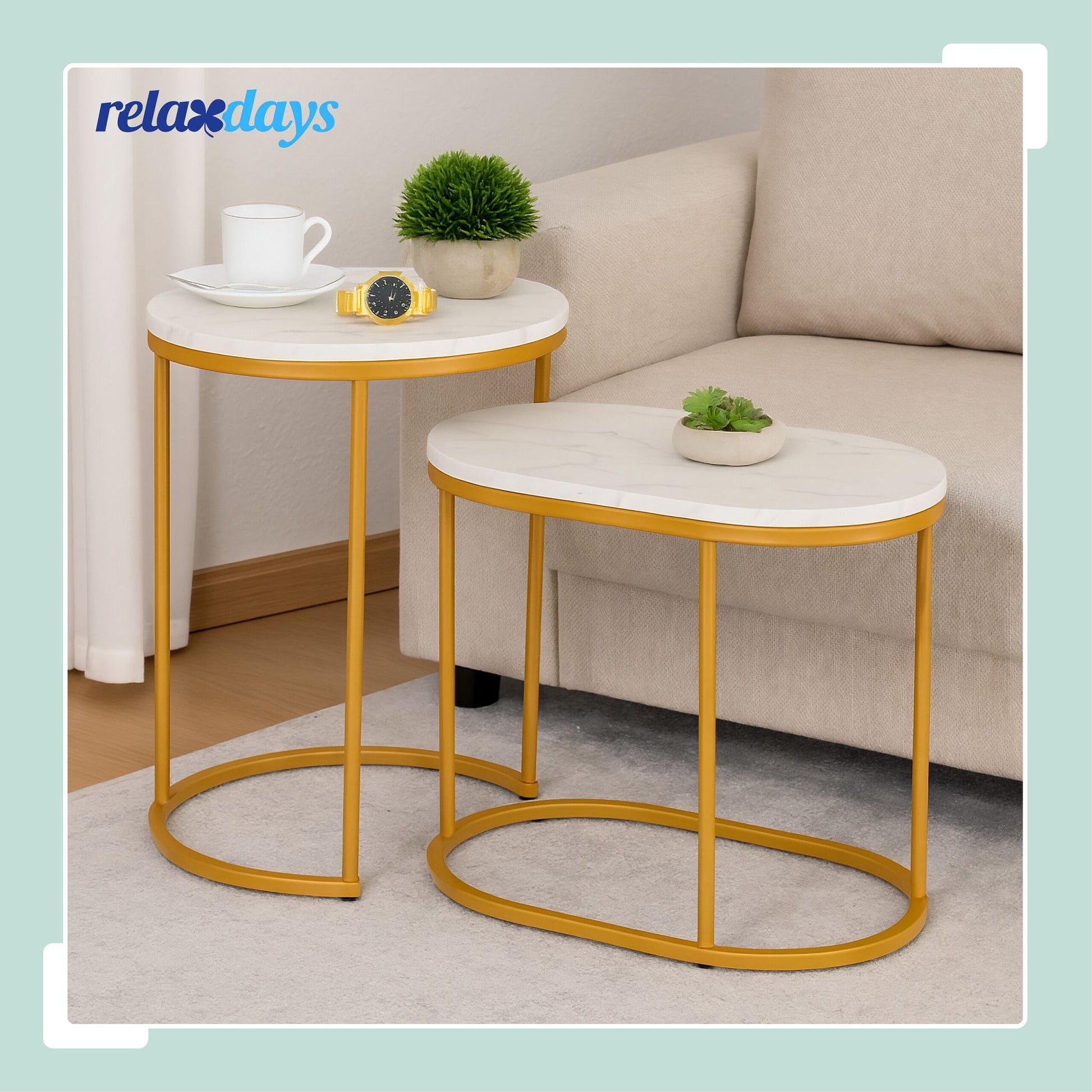 Satztisch 2er-Set Marmoroptik & Metall Weiss-Gold von Relaxdays