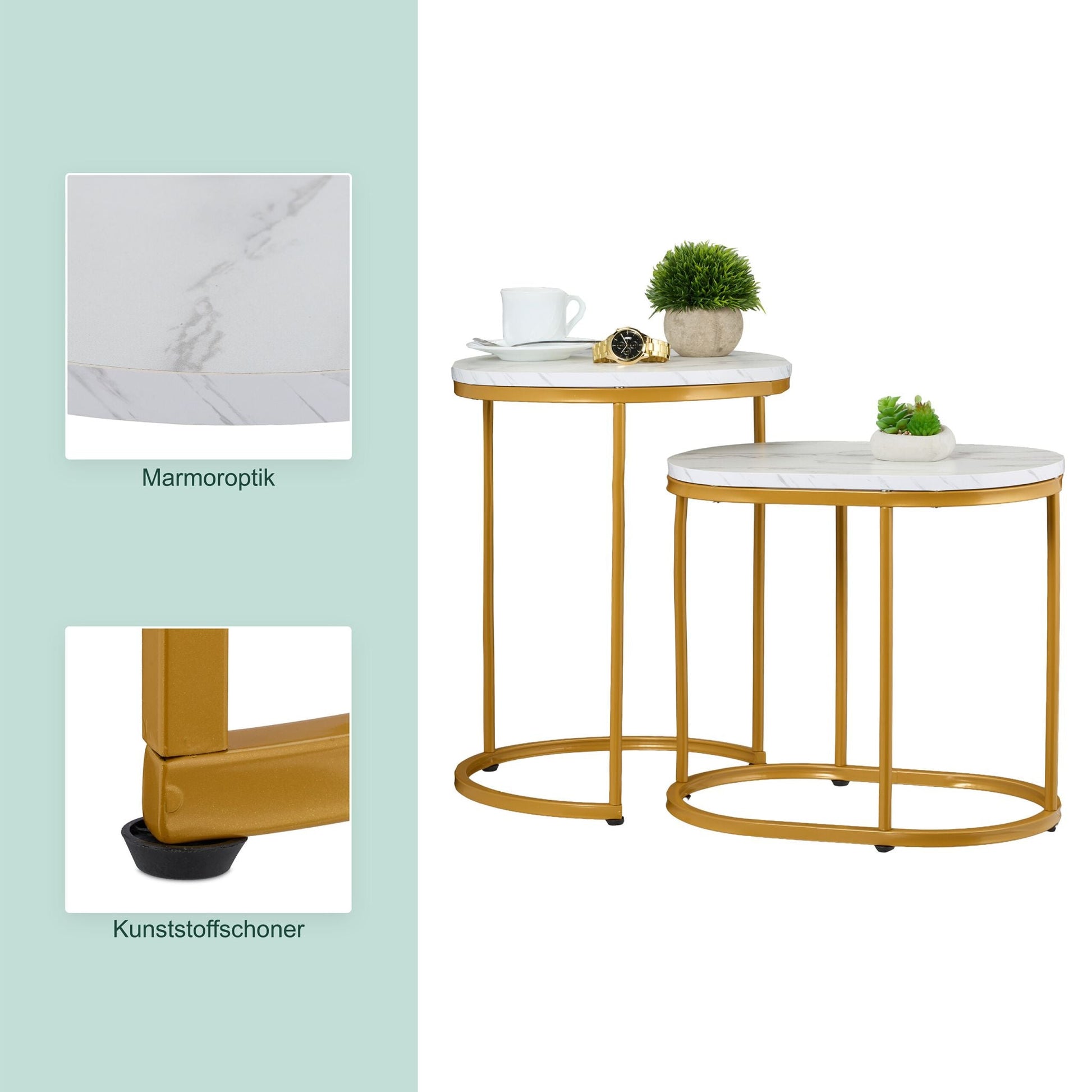 Satztisch 2er-Set Marmoroptik & Metall Weiss-Gold von Relaxdays