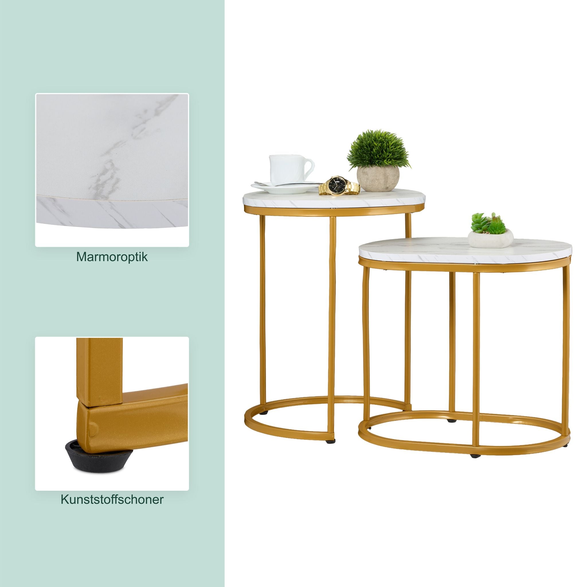 Satztisch 2er-Set Marmoroptik & Metall Weiss-Gold von Relaxdays