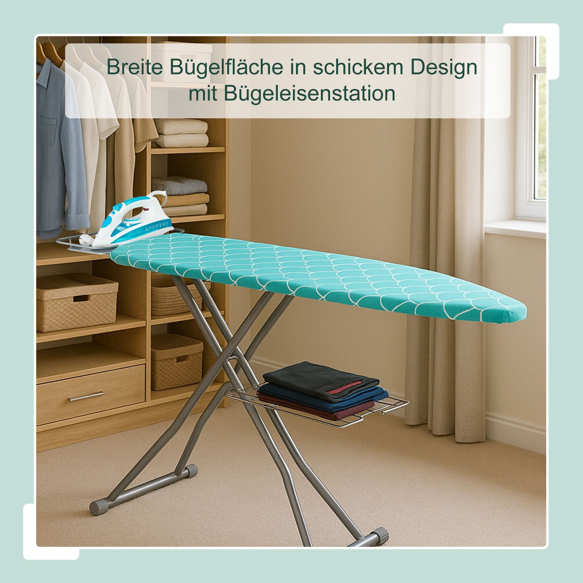 Bügelbrett 122 x 39,5cm Silber-Türkis von Relaxdays