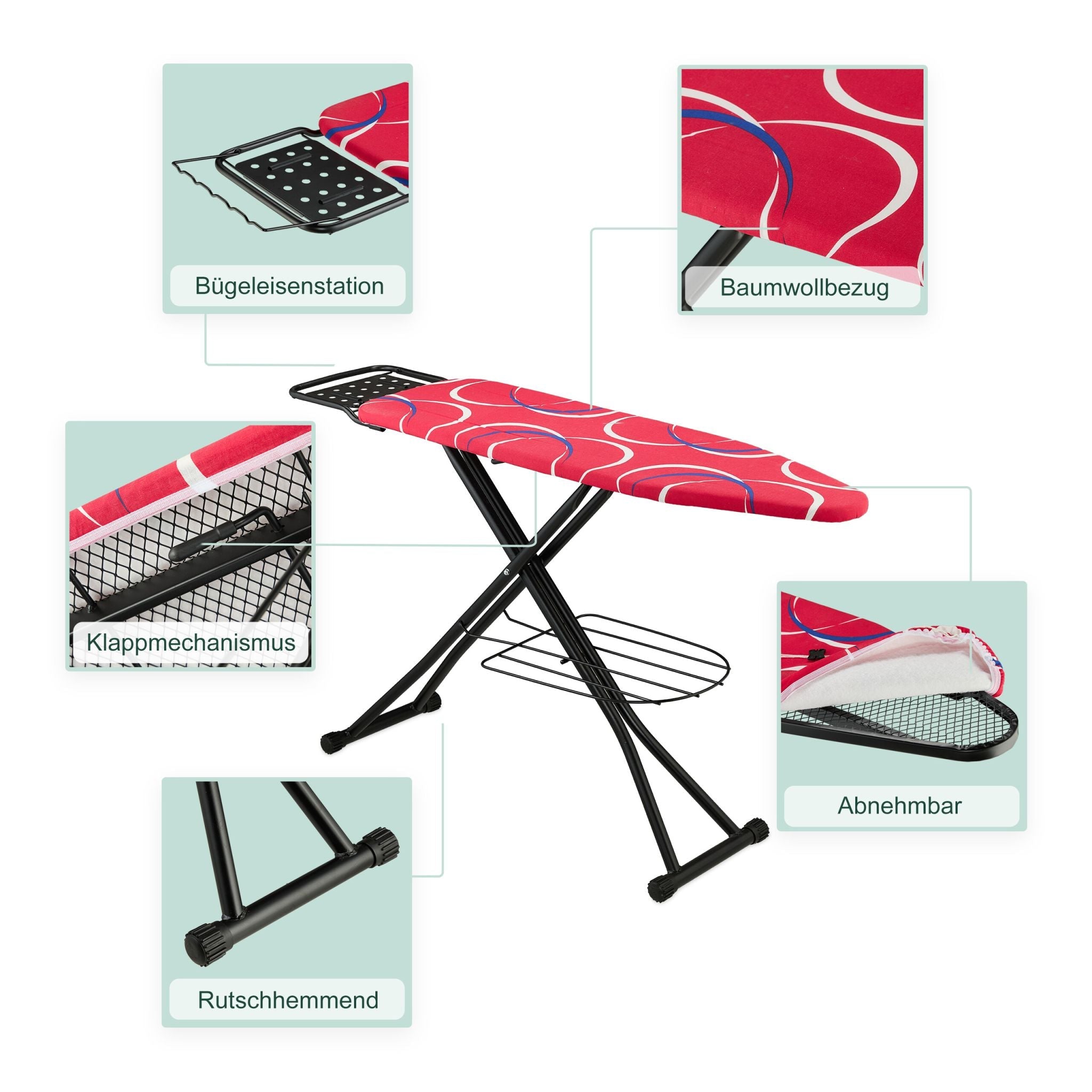 Bügelbrett 110 x 33cm Rot-Schwarz von Relaxdays