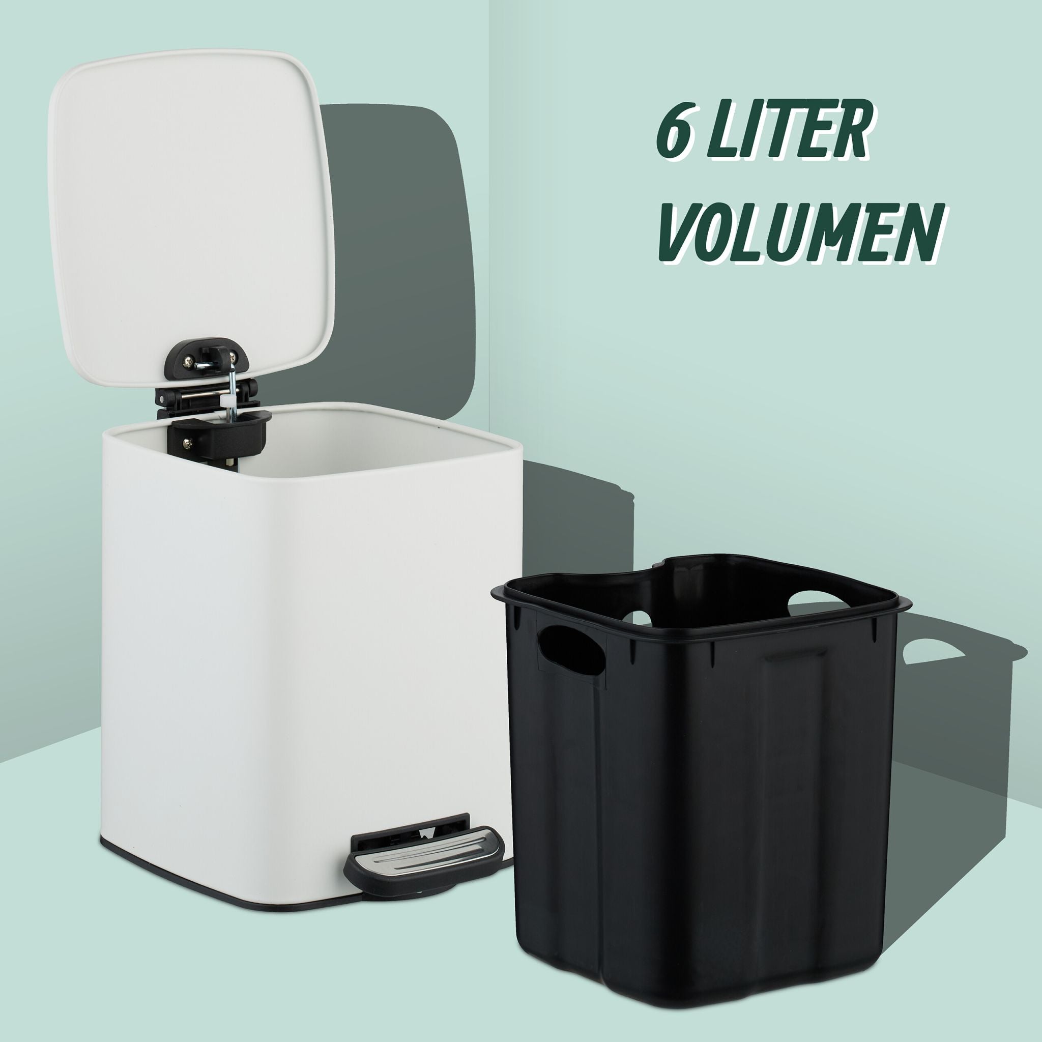 Eckiger Kosmetikeimer 6L mit Müllbeuteln Weiss-Schwarz