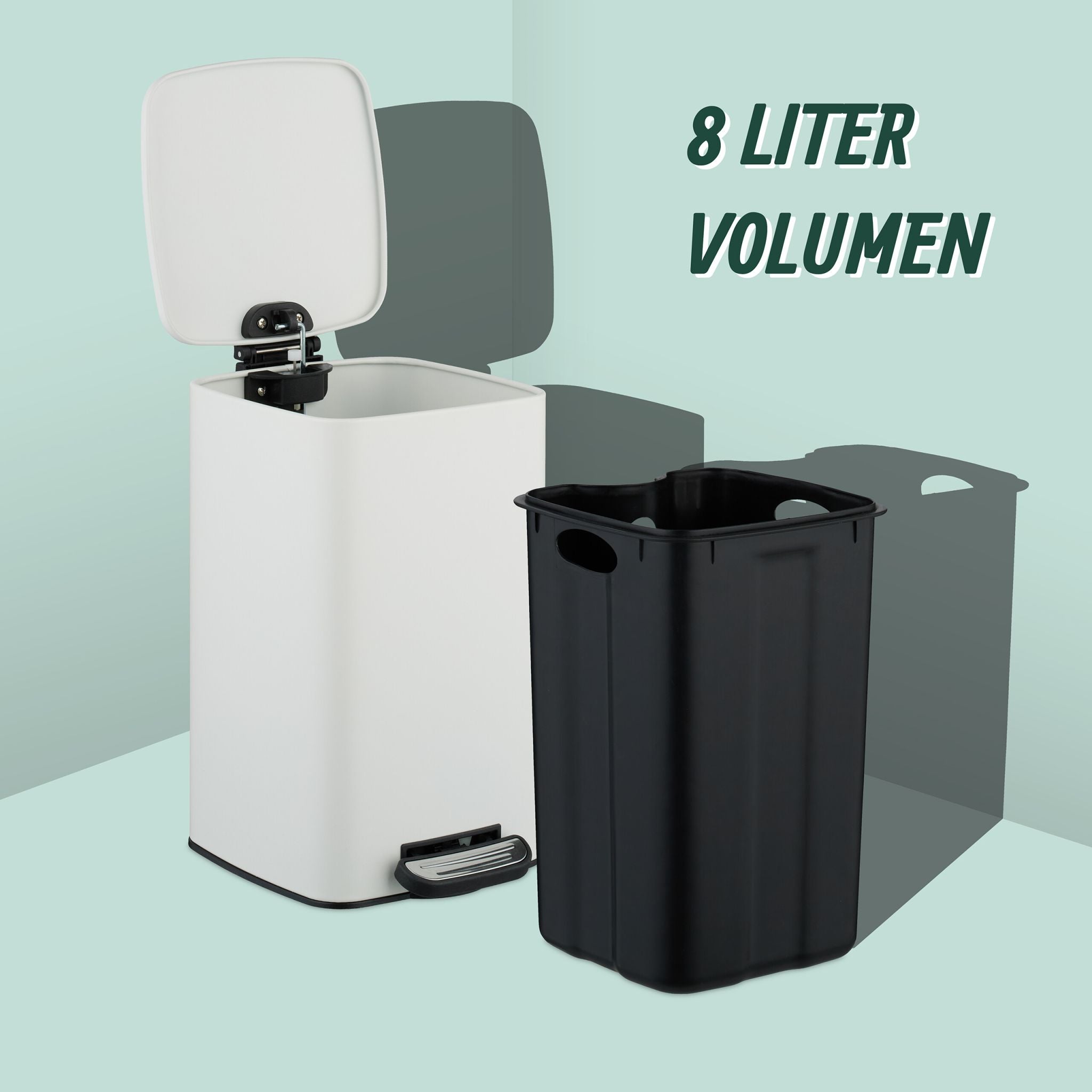 Eckiger Kosmetikeimer 8L mit Müllbeuteln Weiss-Schwarz