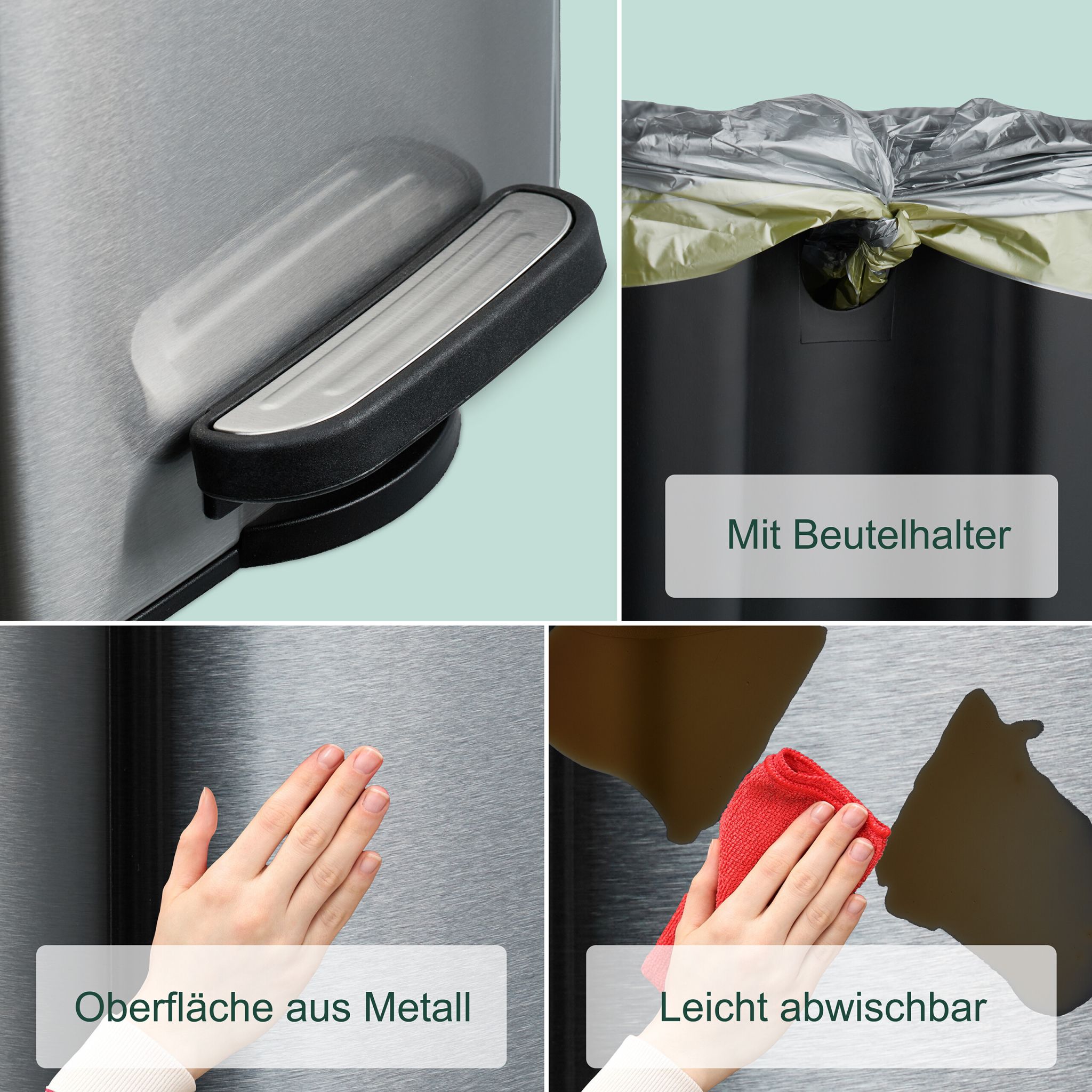 Eckiger Kosmetikeimer 8L mit Müllbeuteln Schwarz-Silber