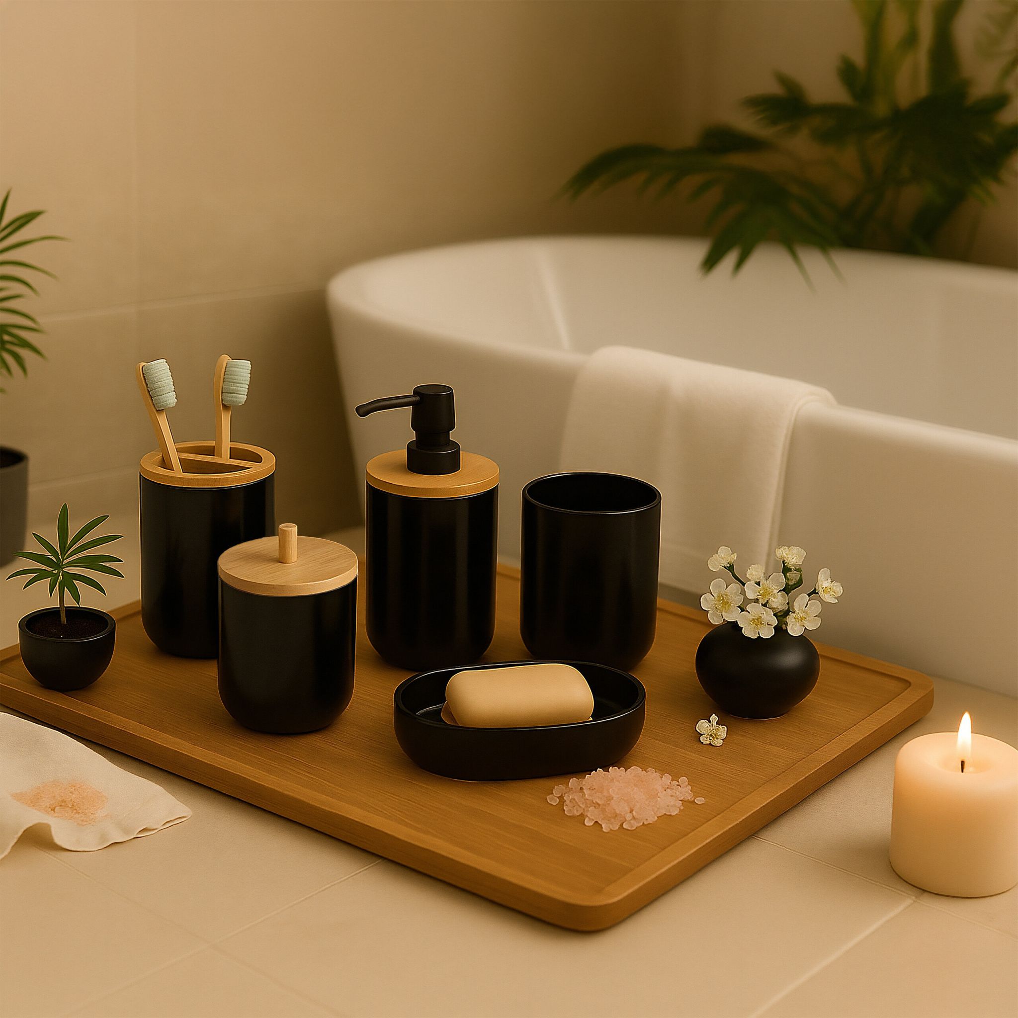 Badezimmer-Set 7-tlg. Hellbraun-Schwarz