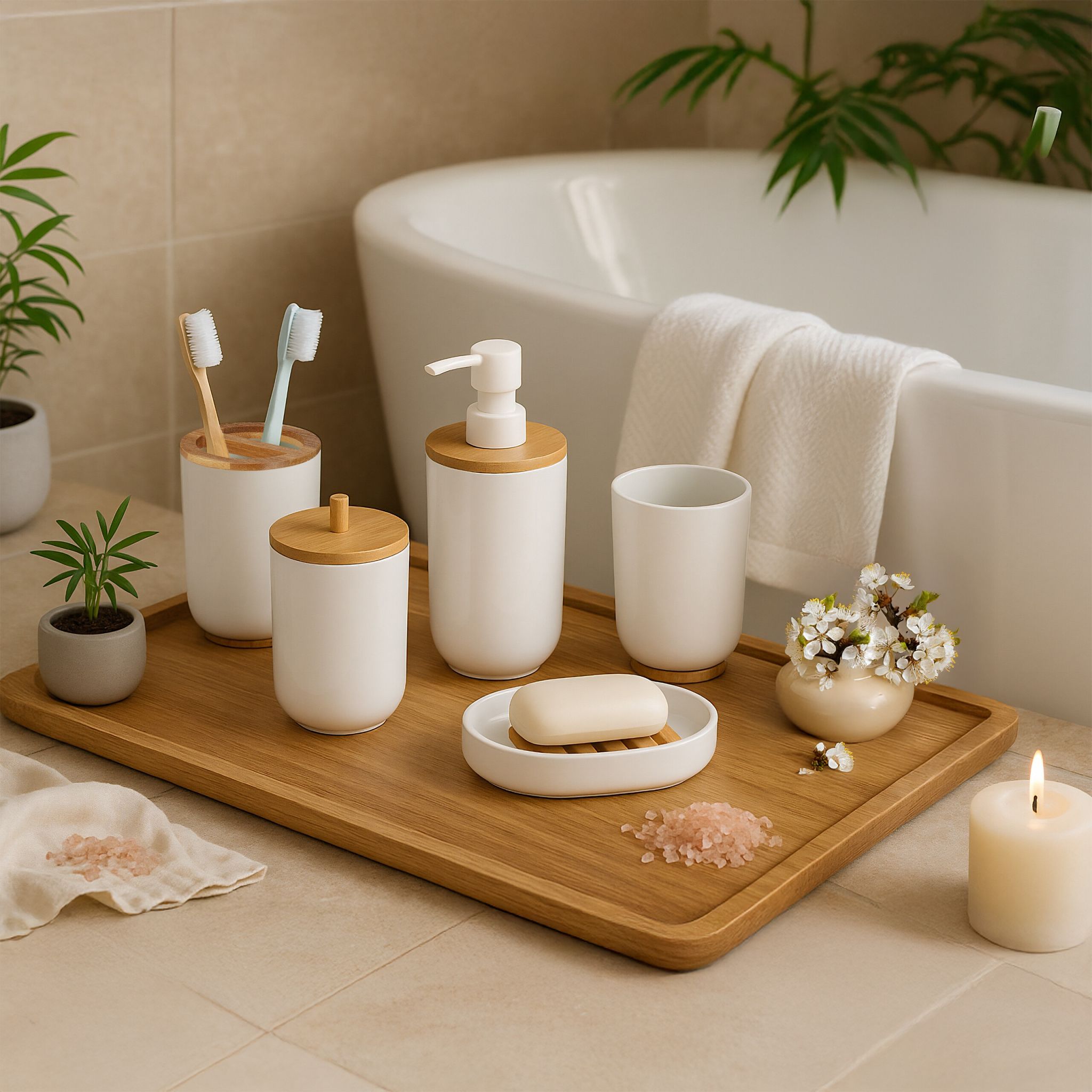 Badezimmer-Set 7-tlg. Weiss-Hellbraun