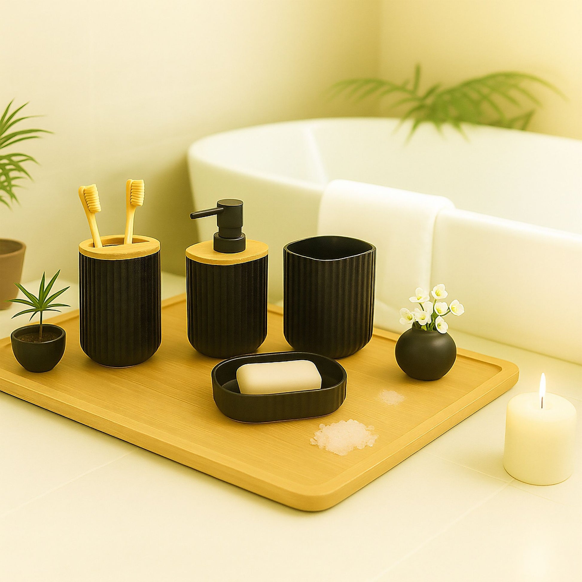 Badezimmer-Set 6-tlg. Hellbraun-Schwarz von Relaxdays