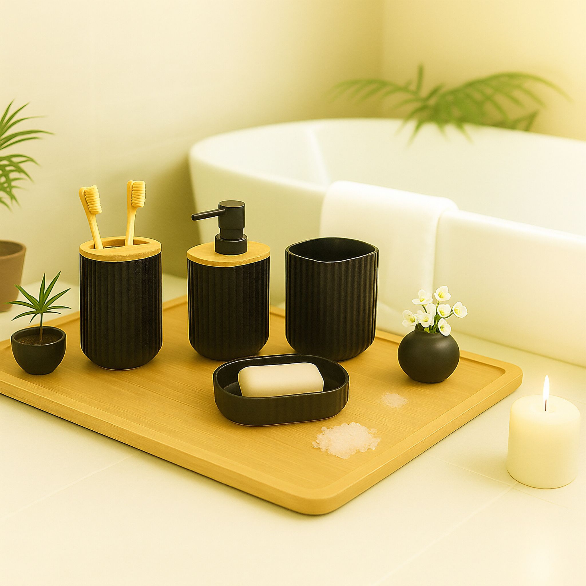 Badezimmer-Set 6-tlg. Hellbraun-Schwarz von Relaxdays