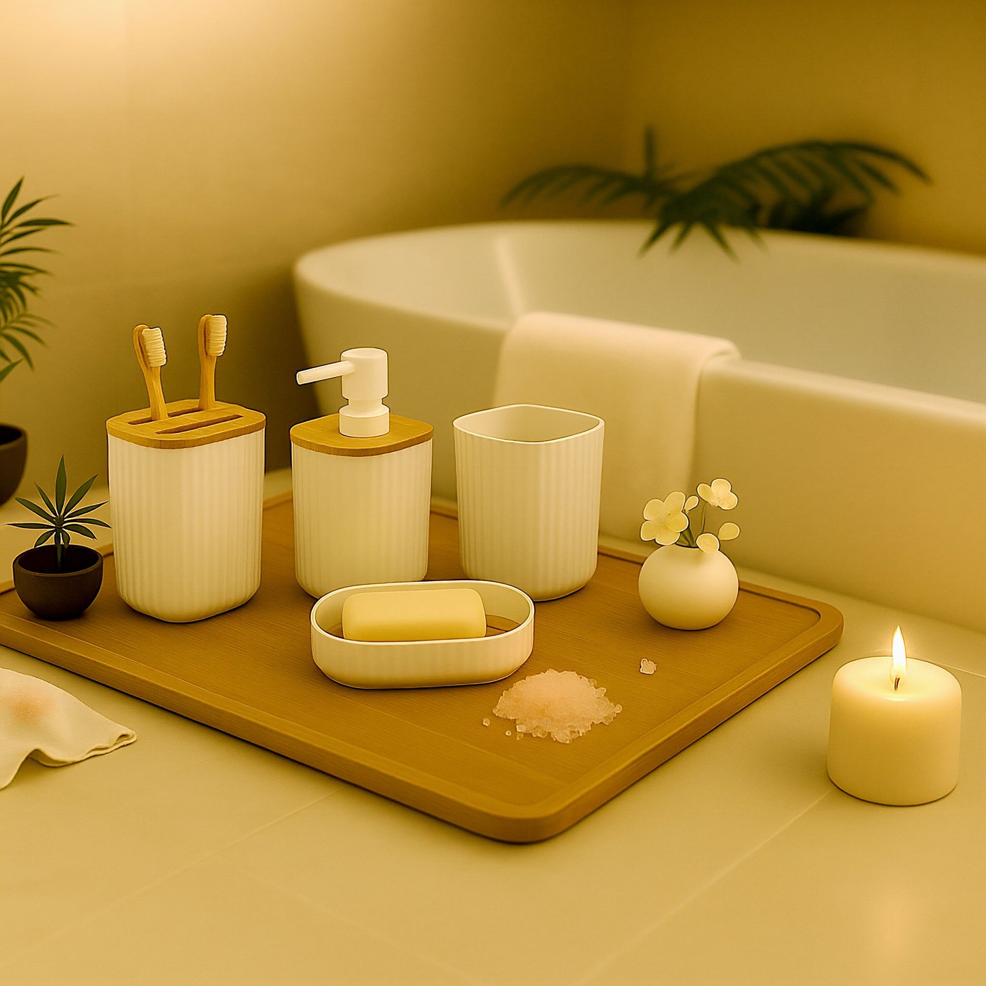 Badezimmer-Set 6-tlg. Weiss-Hellbraun von Relaxdays