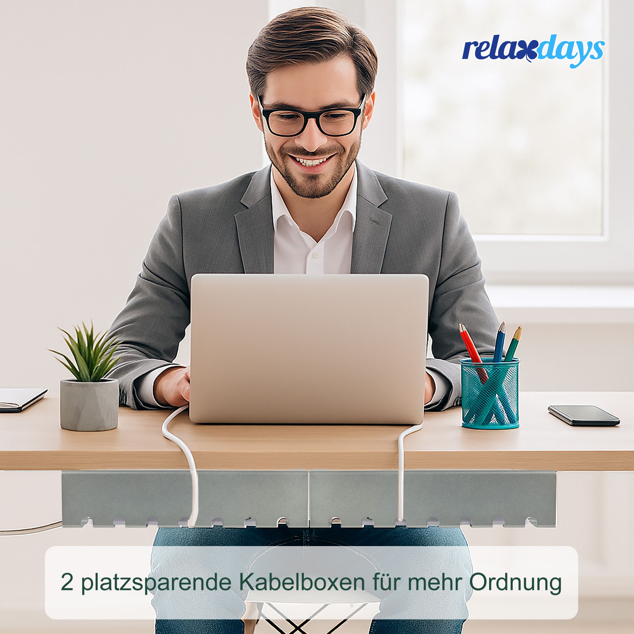 Kabelkanal für Schreibtisch 2er-Set Silber von Relaxdays