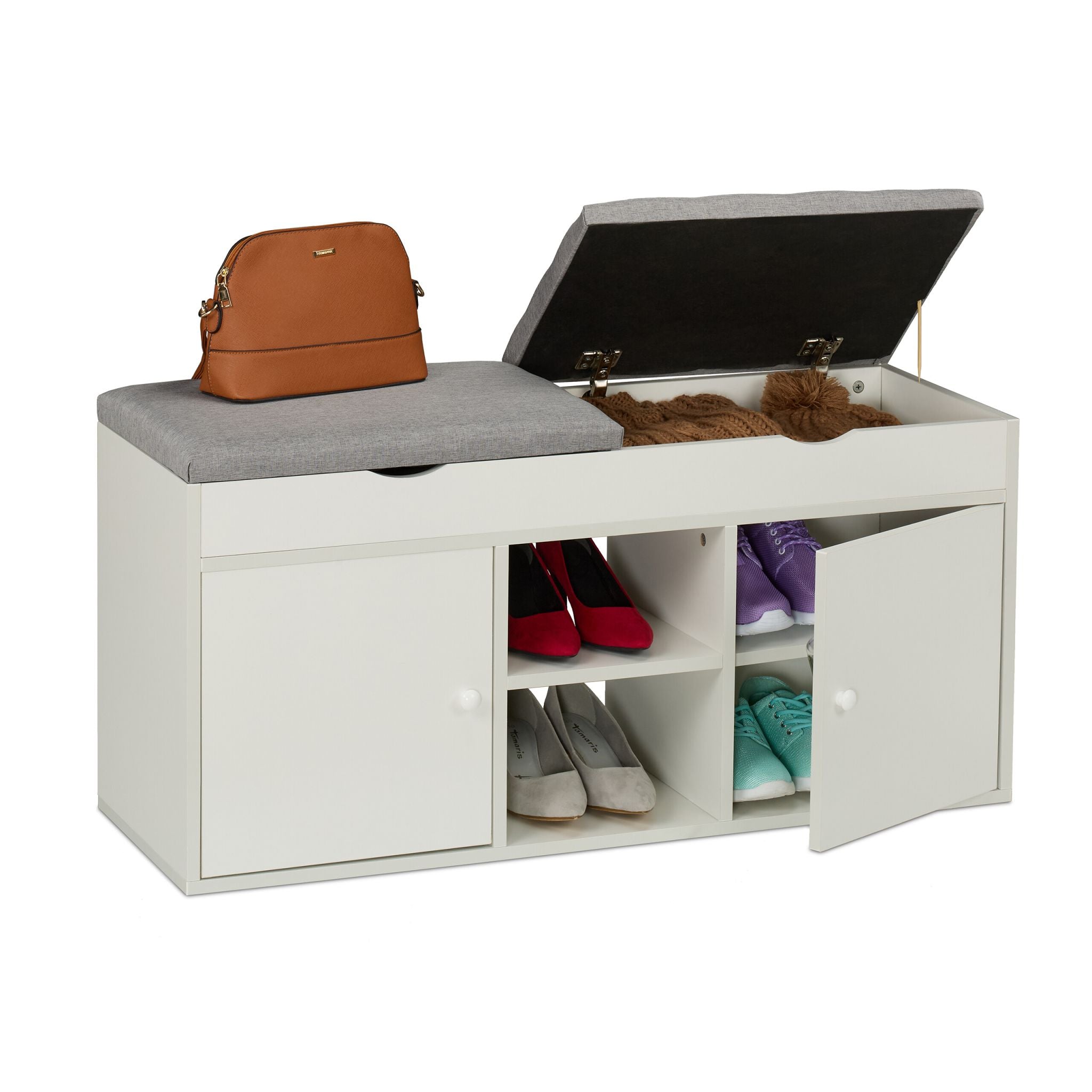 Schuhbank mit klappbarer Sitzfläche Weiss-Grau von Relaxdays