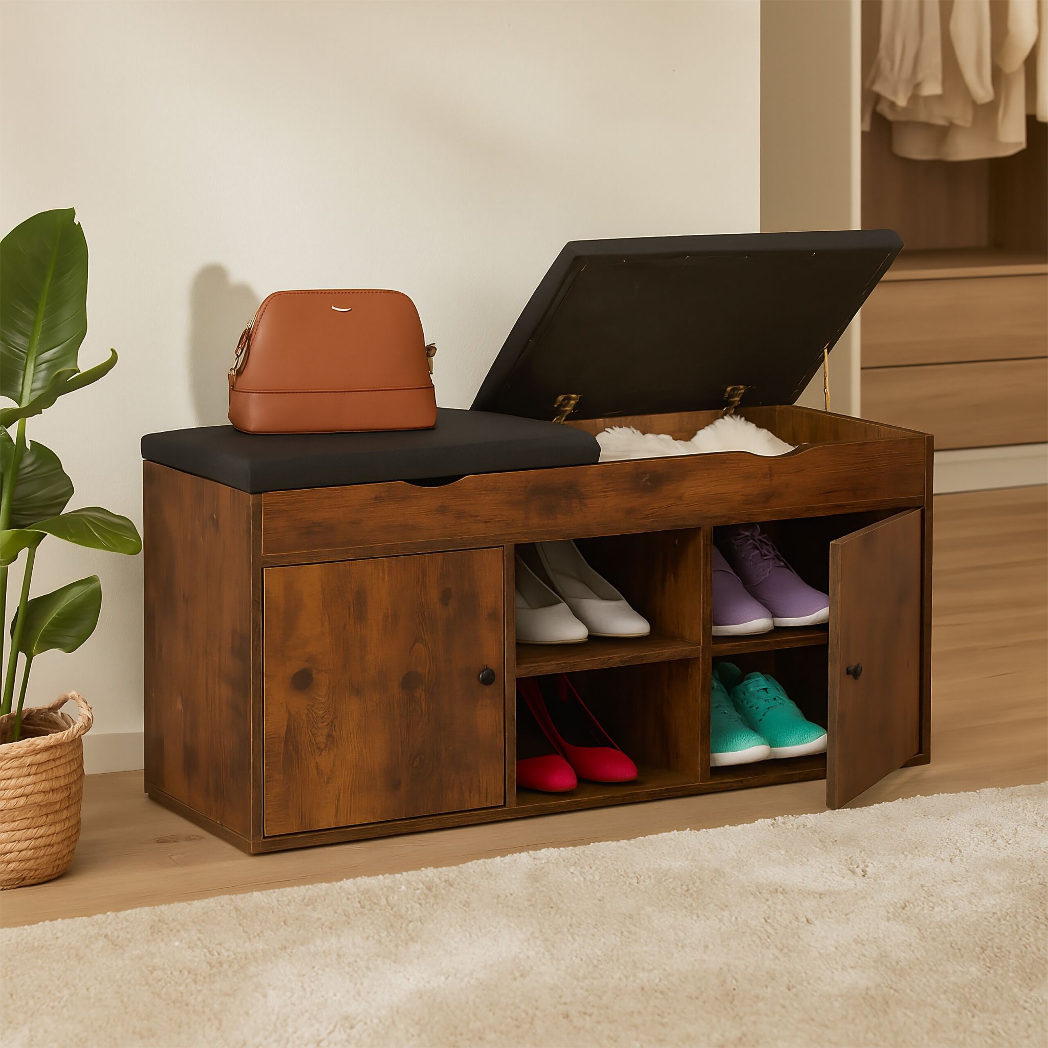 Schuhbank mit klappbarer Sitzfläche Braun-Schwarz von Relaxdays