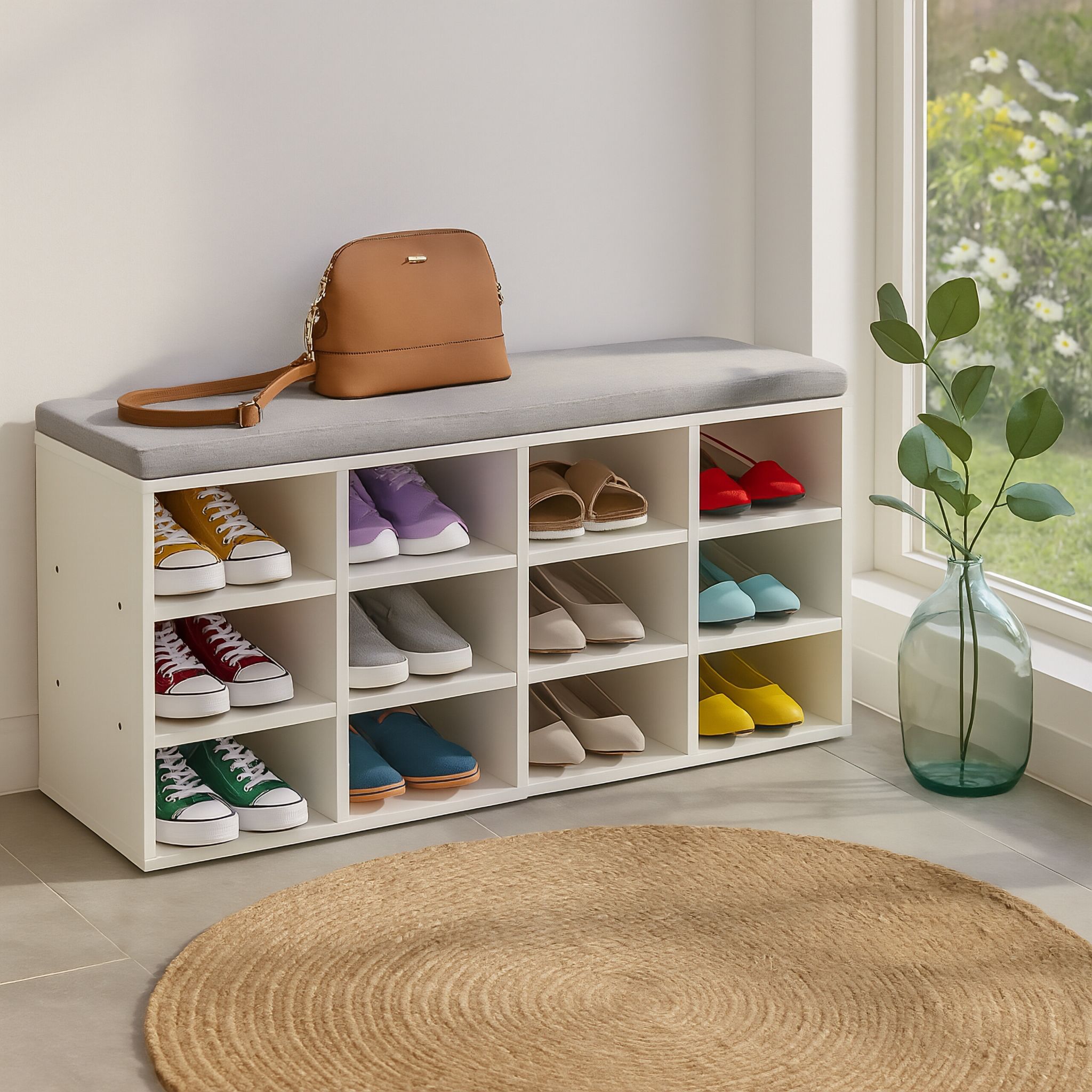 Schuhbank mit gepolsterter Sitzfläche Weiss-Grau von Relaxdays