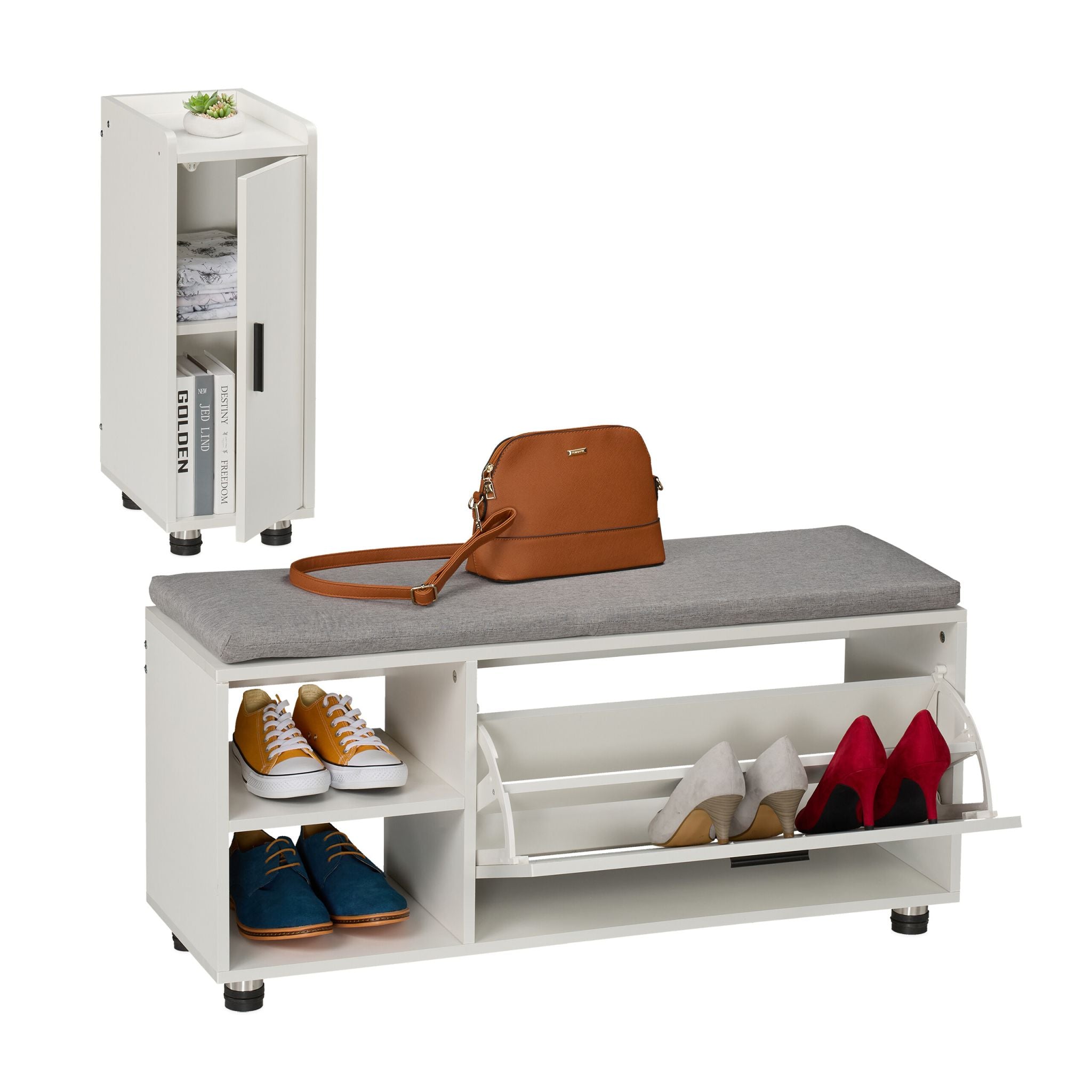 Schuhbank mit Sitzfläche & Schrank Set Weiss-Grau von Relaxdays