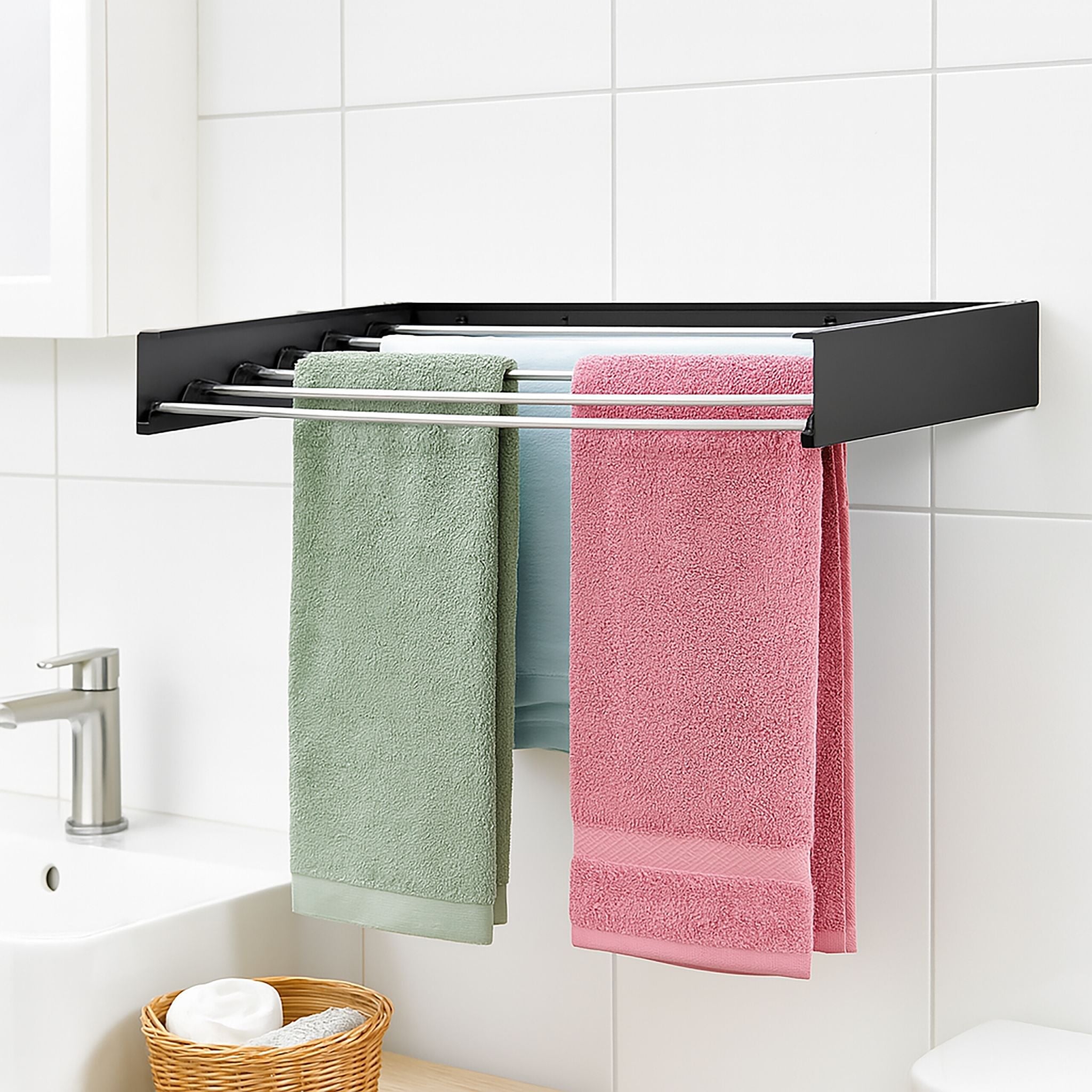 Wäscheständer Wandmontage klappbar Schwarz-Silber von Relaxdays