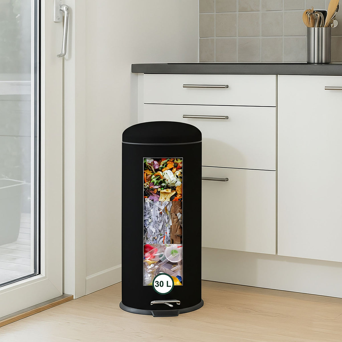 Mülleimer 30L Schwarz-Silber von Relaxdays