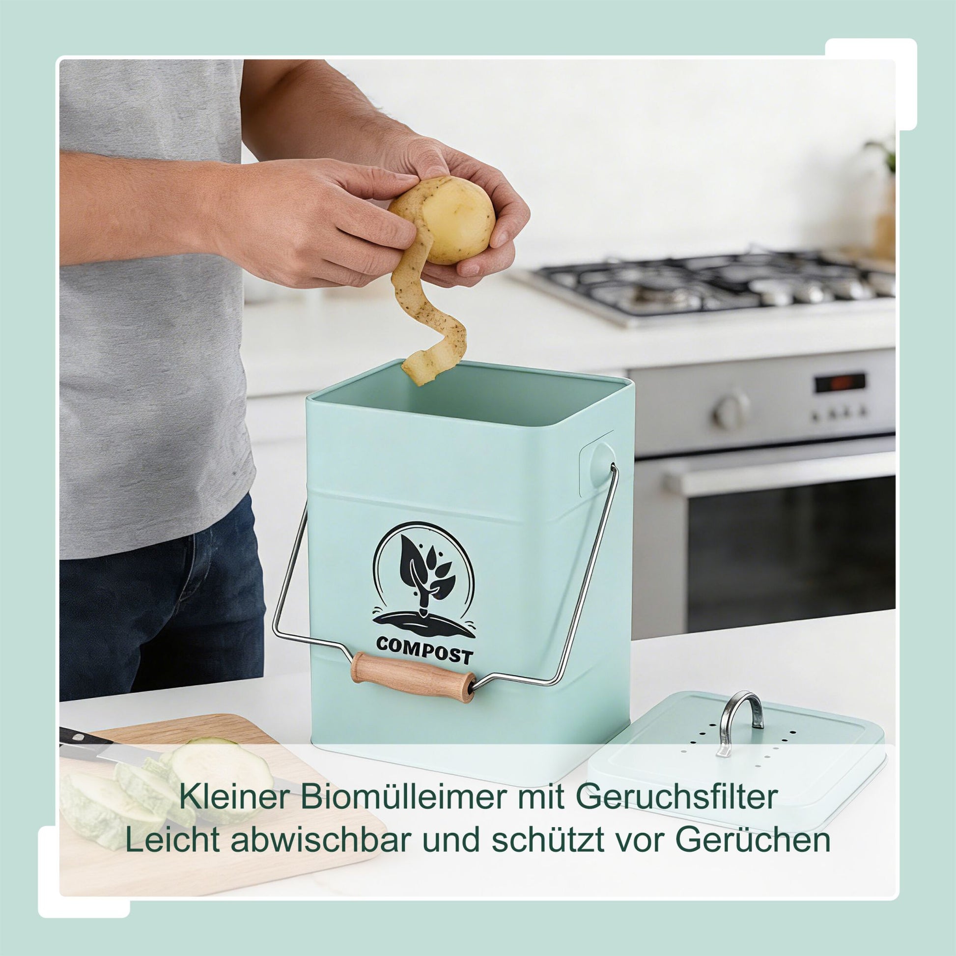 Komposteimer mit Geruchsfilter 6L Schwarz-Silber-Türkis von Relaxdays