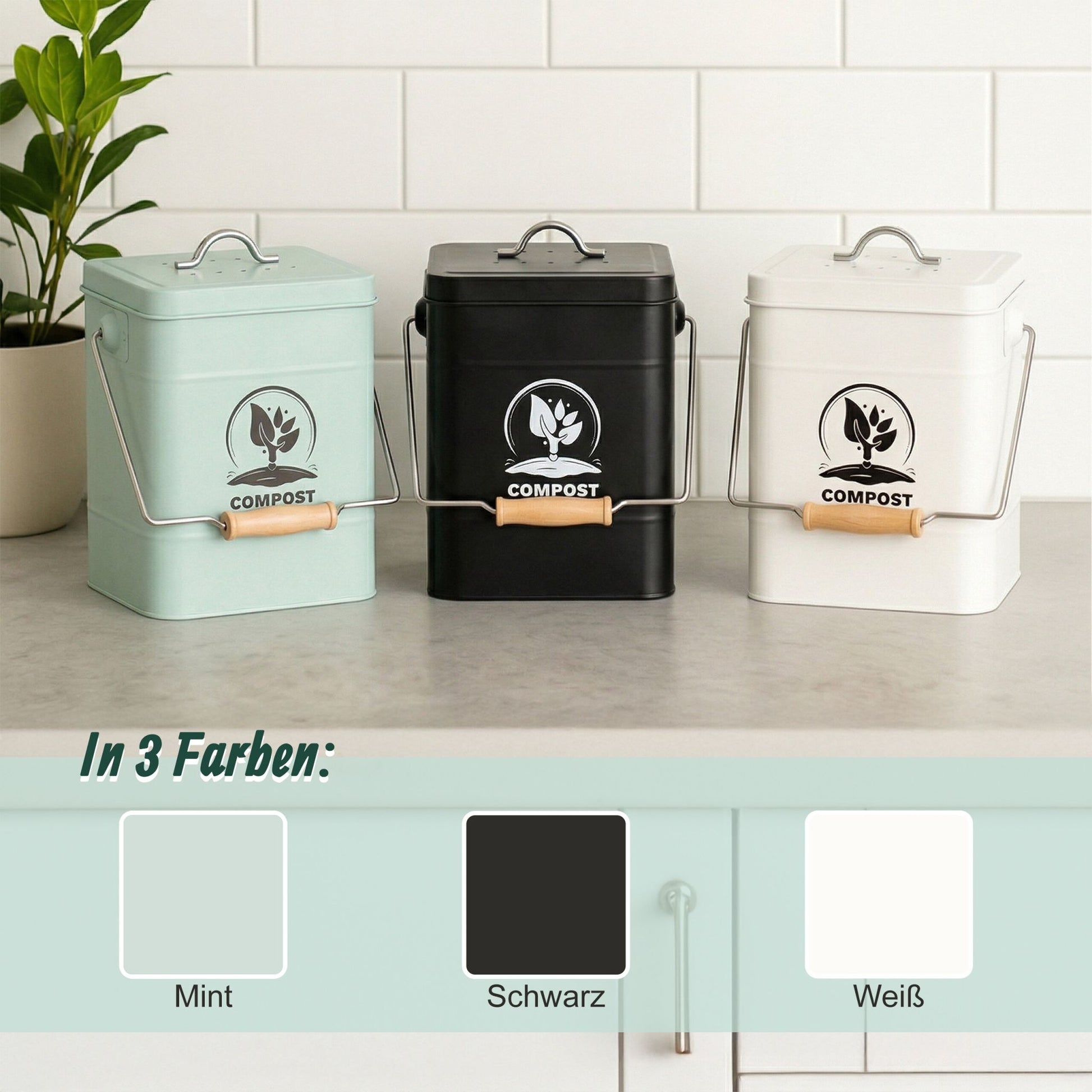 Komposteimer mit Geruchsfilter 6L Schwarz-Silber-Türkis von Relaxdays