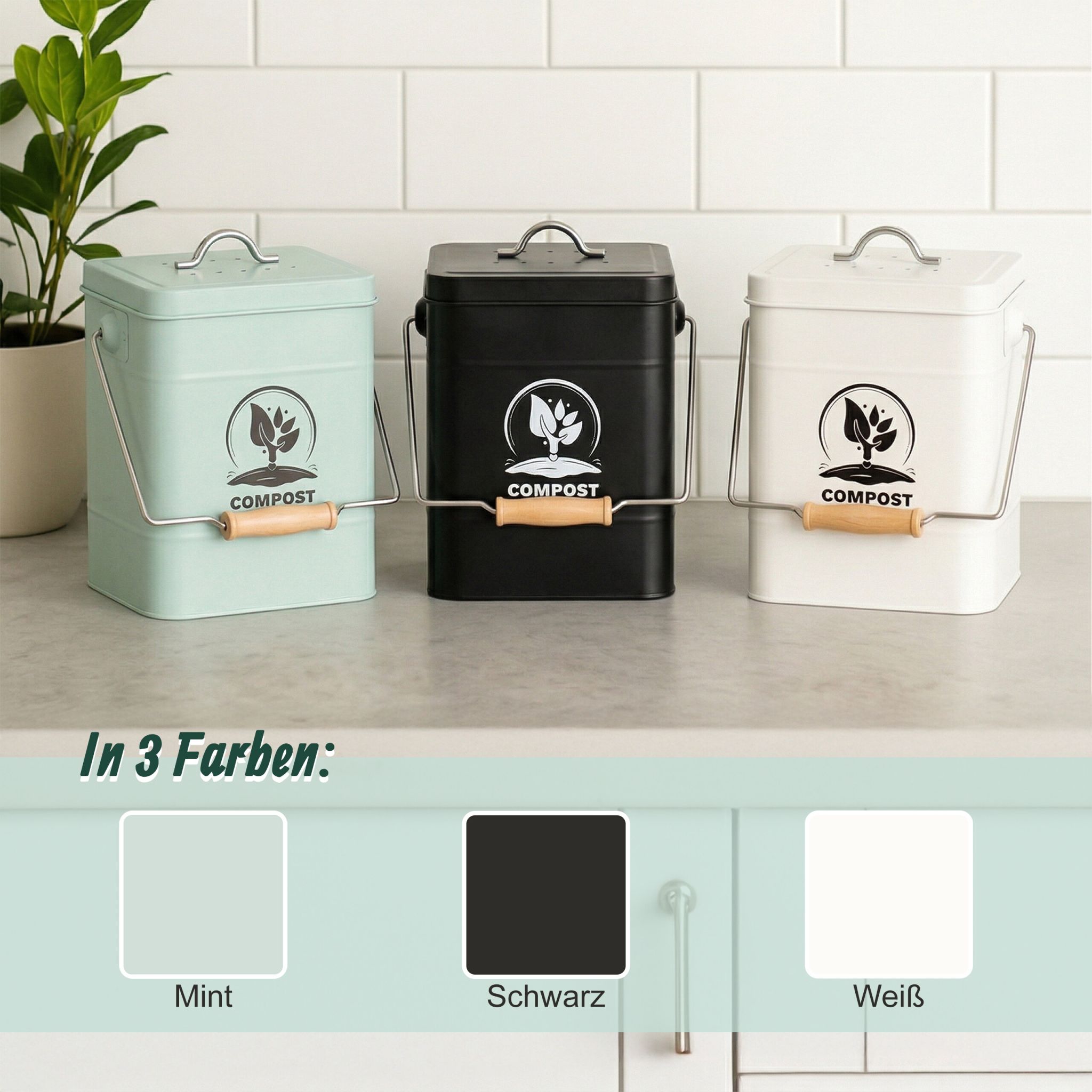 Komposteimer mit Geruchsfilter 6L Schwarz-Silber-Türkis von Relaxdays