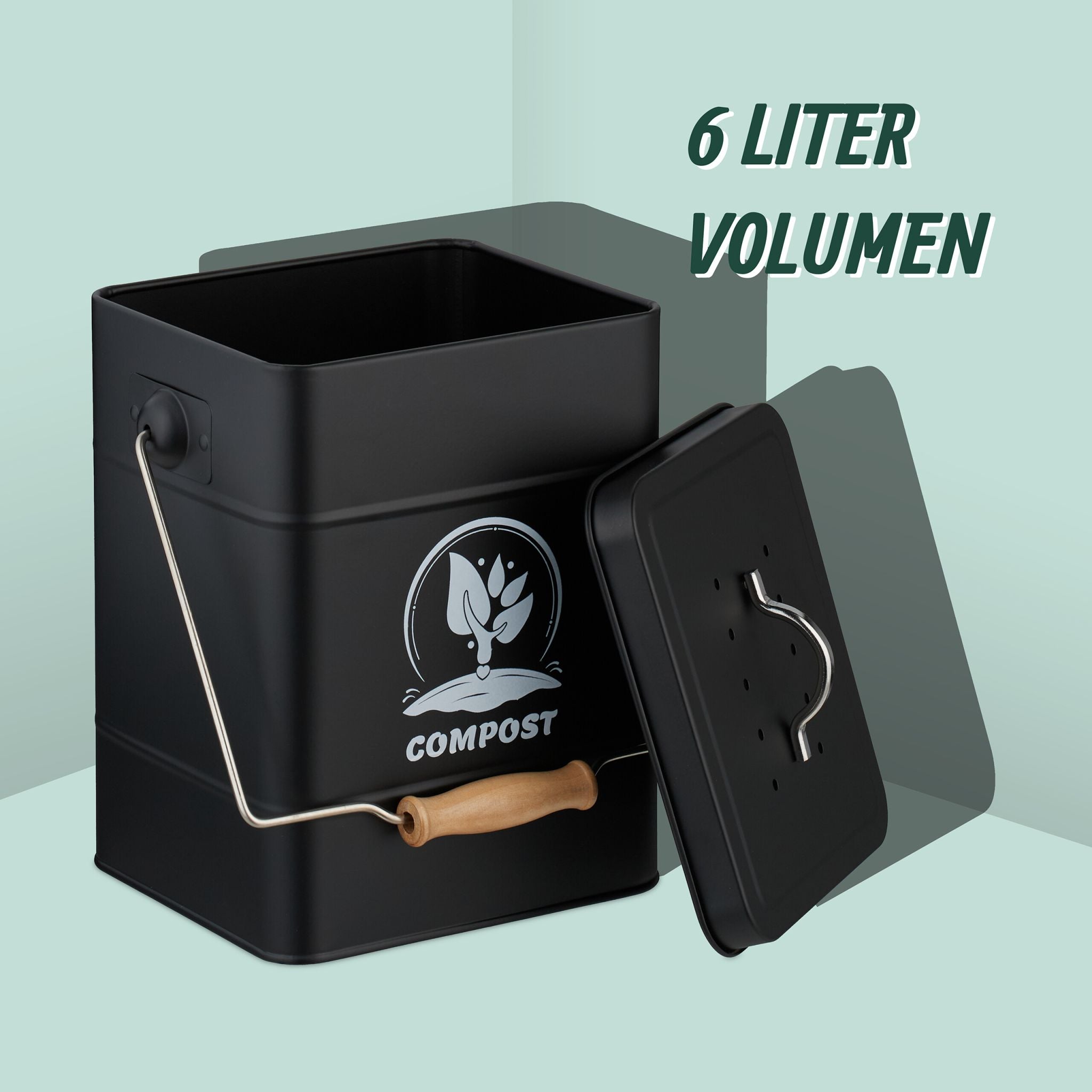 Komposteimer mit Geruchsfilter 6L Weiss-Schwarz-Silber