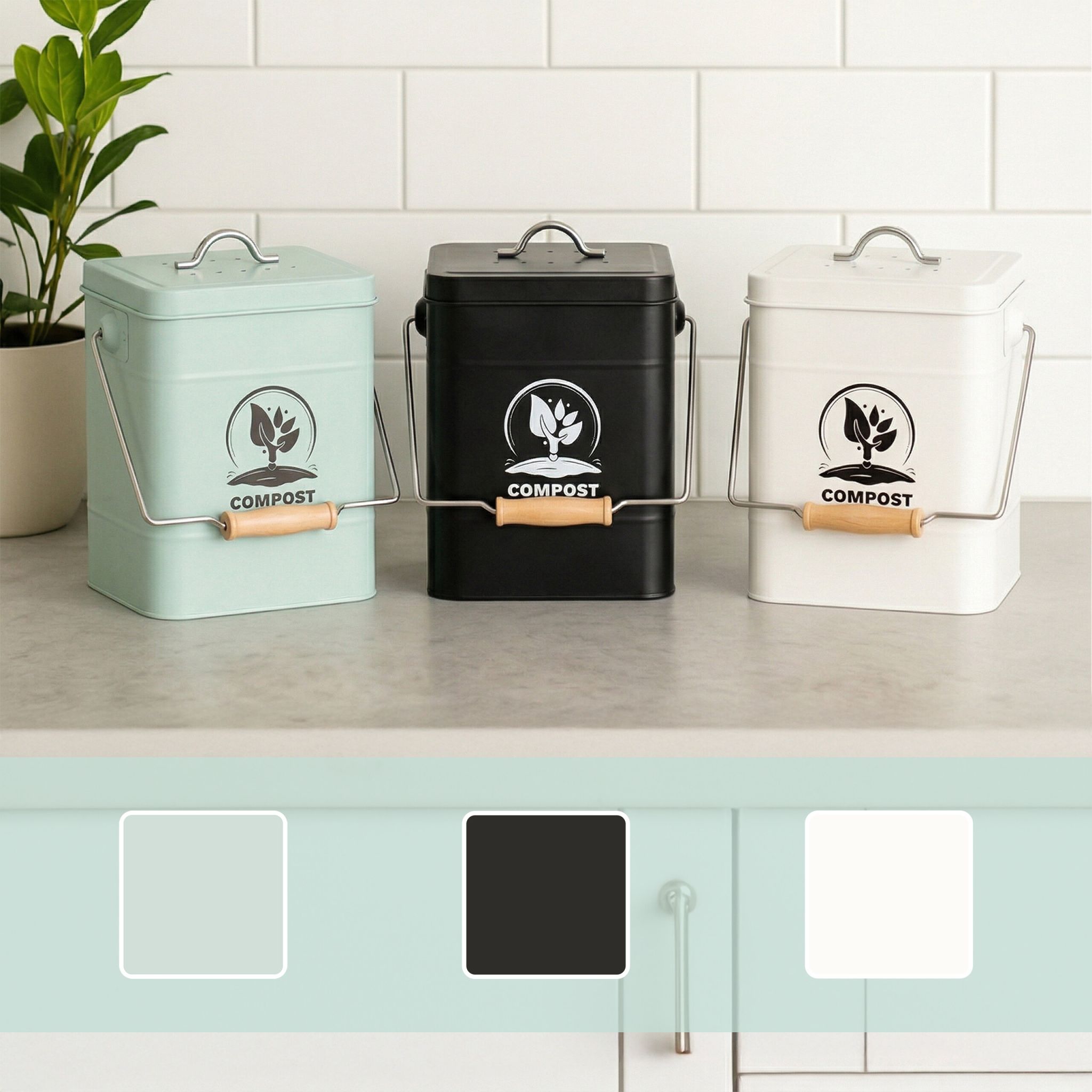 Komposteimer mit Geruchsfilter 6L Weiss-Schwarz-Silber