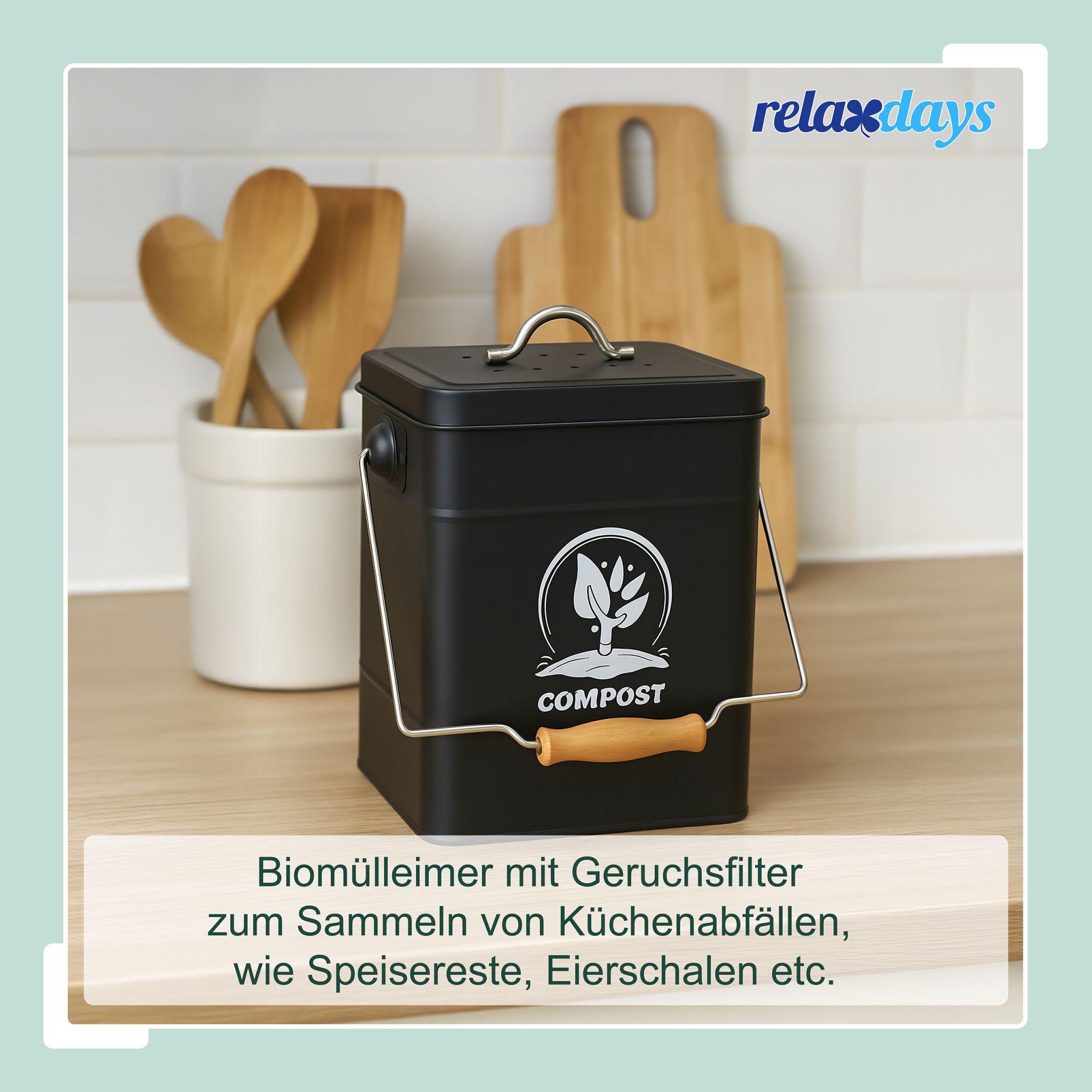 Komposteimer mit Geruchsfilter 6L Weiss-Schwarz-Silber