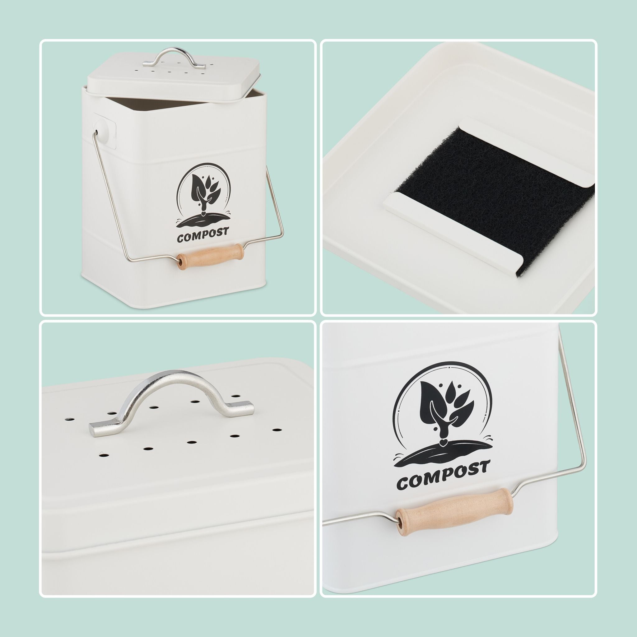 Komposteimer mit Geruchsfilter 6L Weiss-Schwarz-Silber von Relaxdays