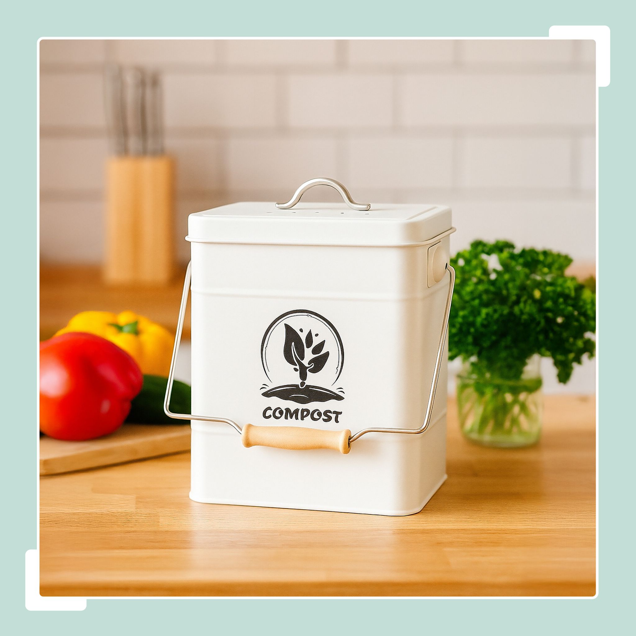 Komposteimer mit Geruchsfilter 6L Weiss-Schwarz-Silber von Relaxdays