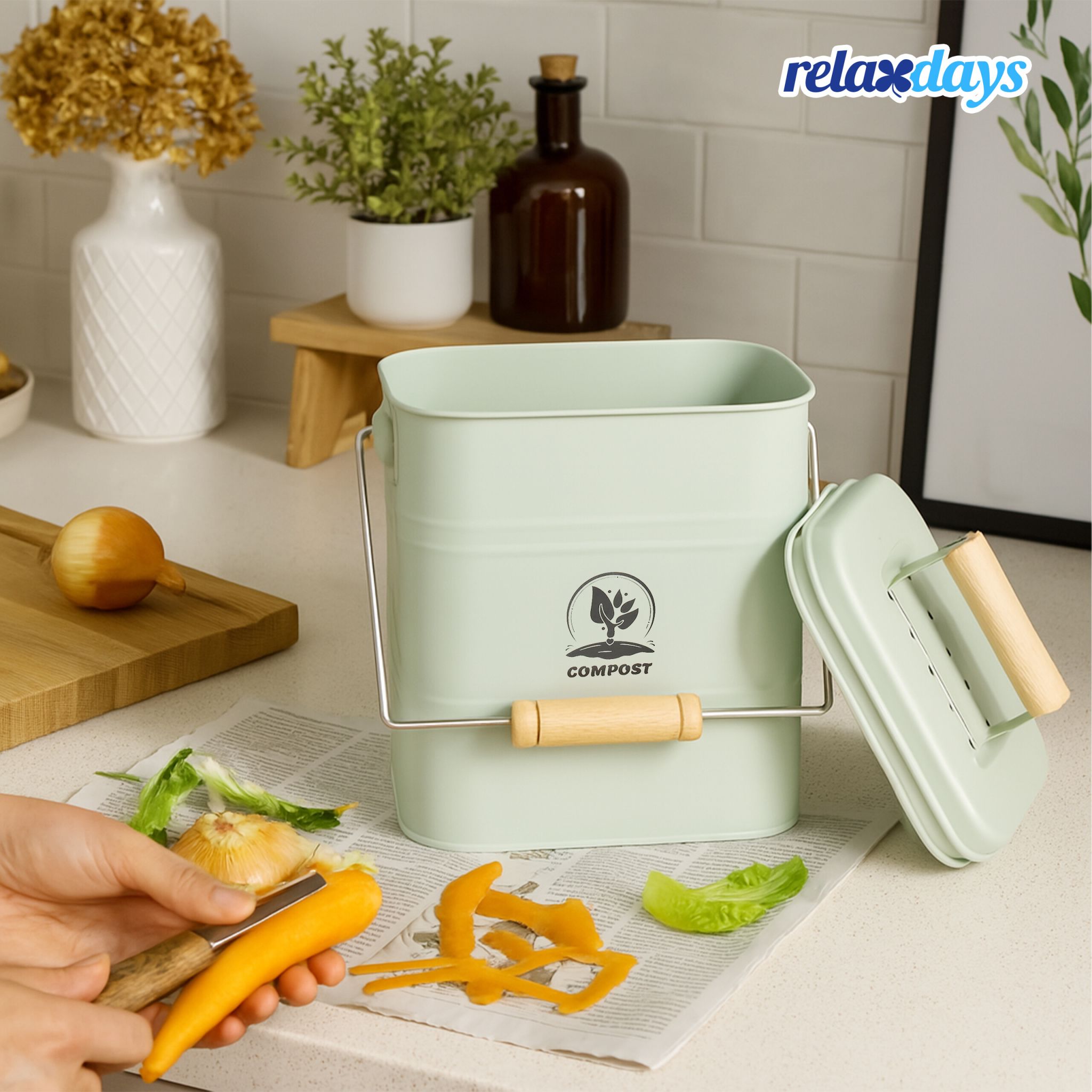 Komposteimer Küche 3,5L Grün-Hellbraun-Silber von Relaxdays