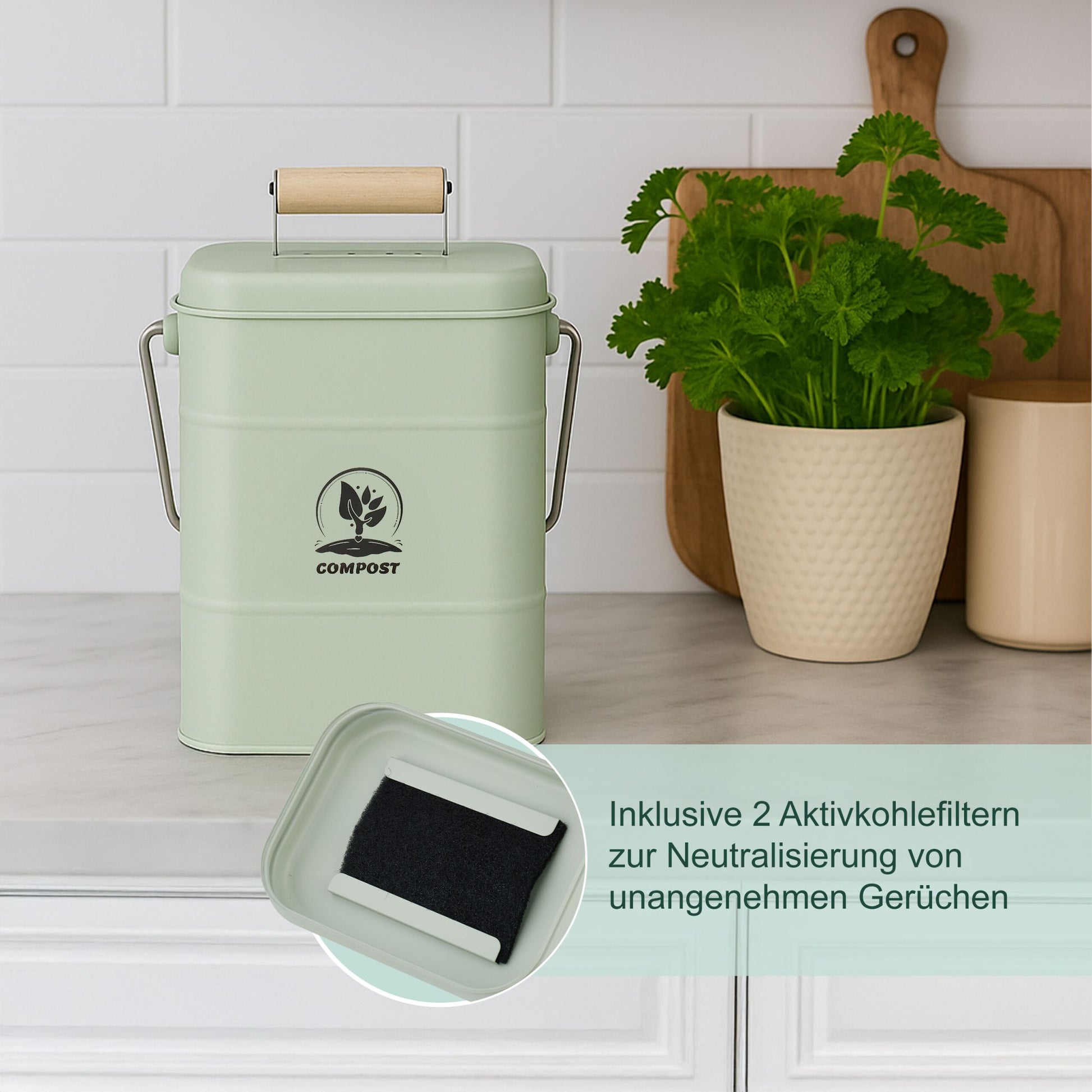 Komposteimer Küche 3,5L Grün-Hellbraun-Silber von Relaxdays
