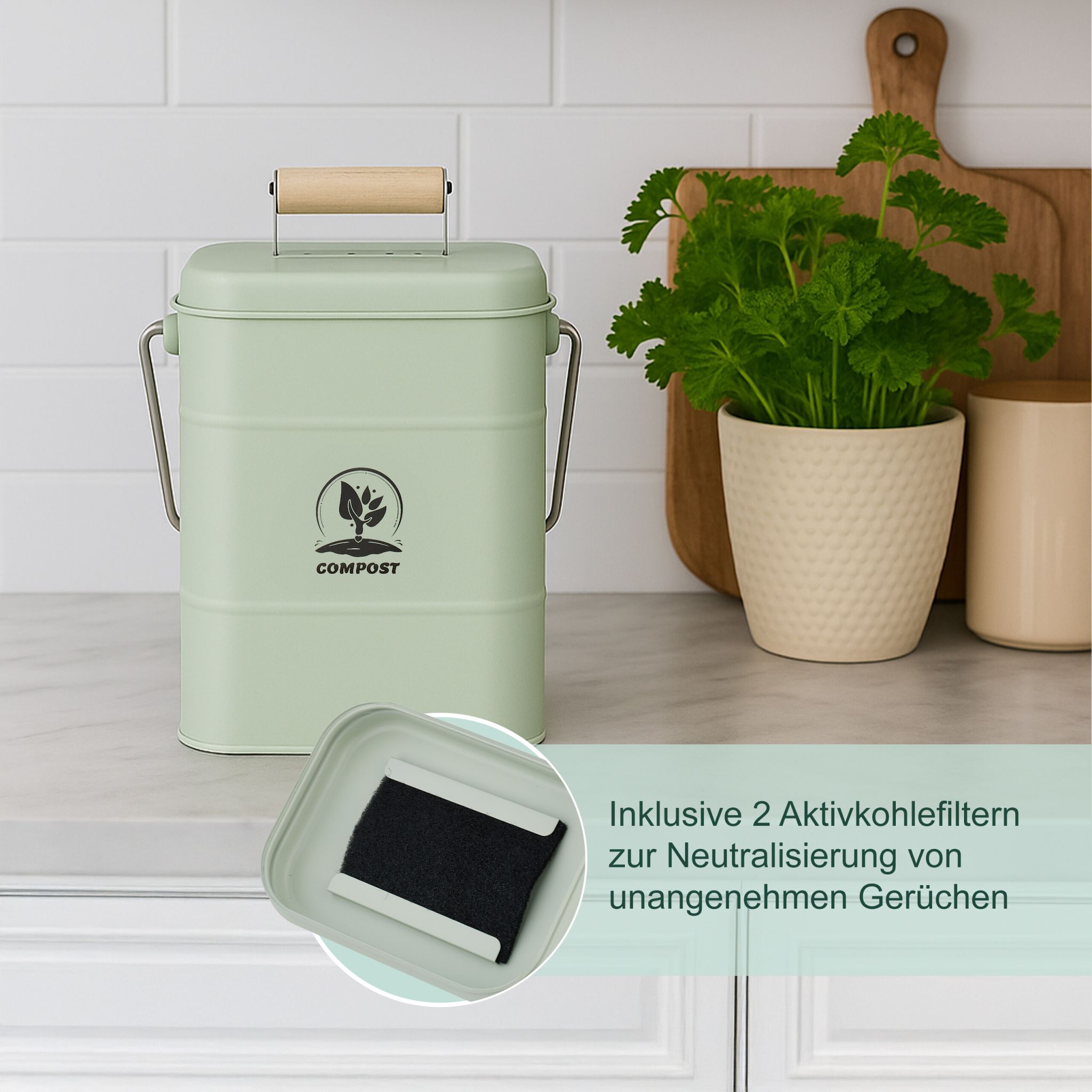Komposteimer Küche 3,5L Grün-Hellbraun-Silber von Relaxdays