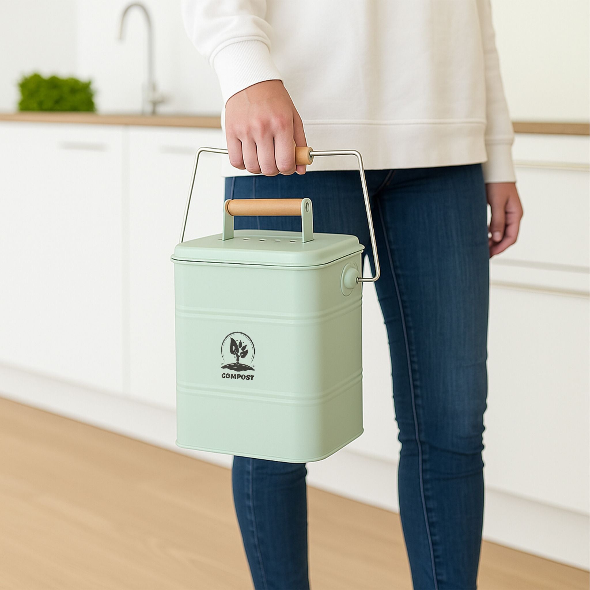 Komposteimer Küche 3,5L Grün-Hellbraun-Silber von Relaxdays