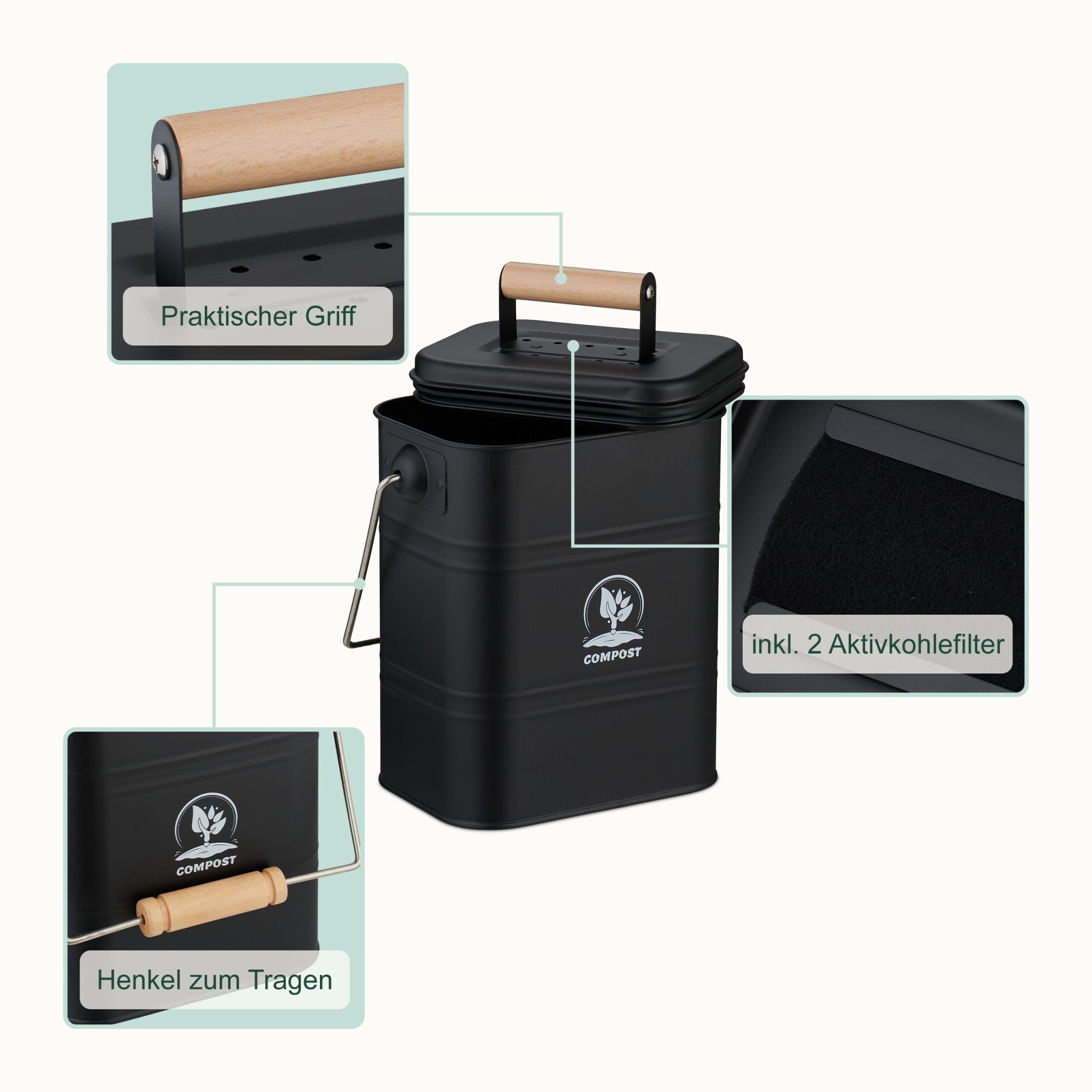Komposteimer Küche 3,5L Hellbraun-Schwarz-Silber