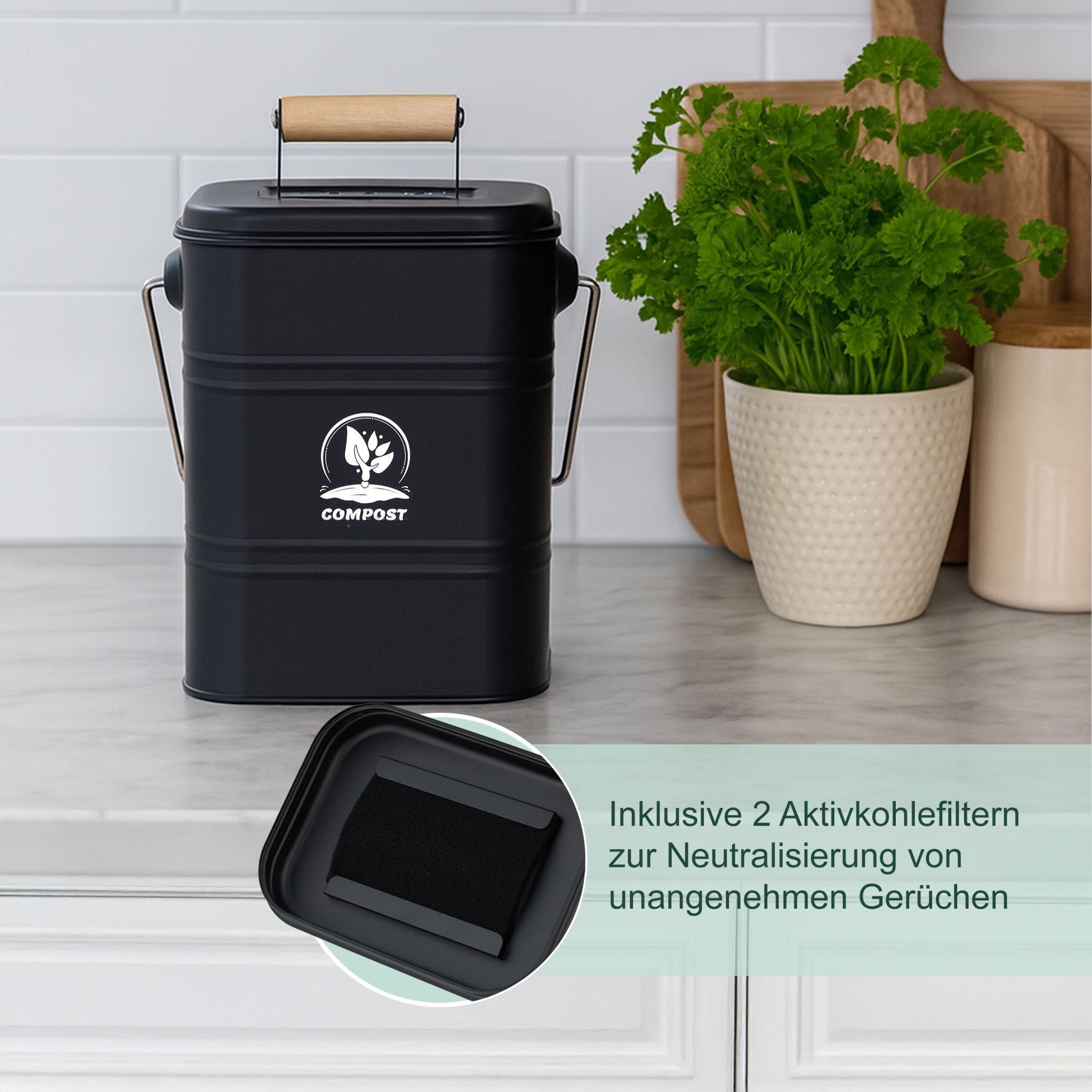 Komposteimer Küche 3,5L Hellbraun-Schwarz-Silber