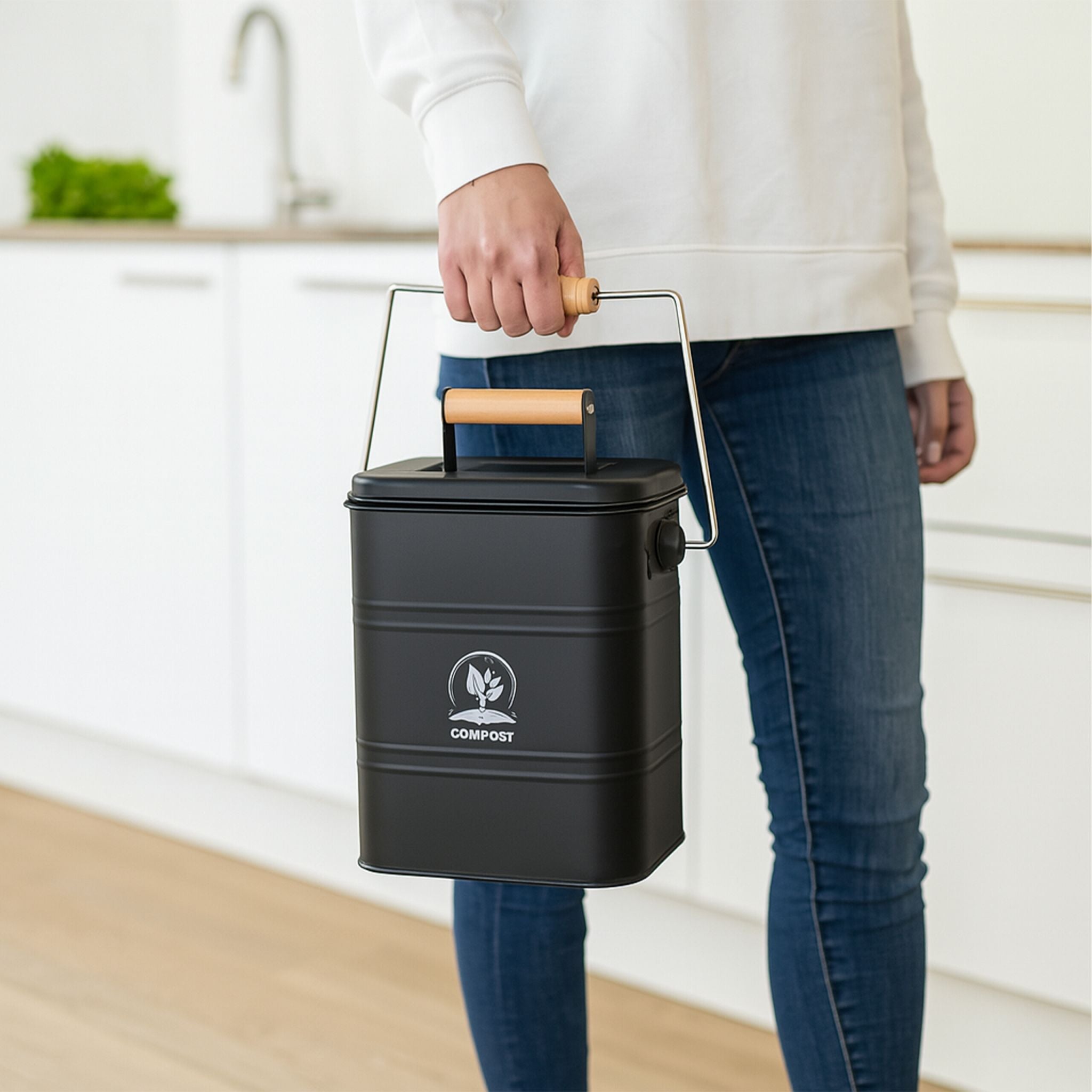 Komposteimer Küche 3,5L Hellbraun-Schwarz-Silber
