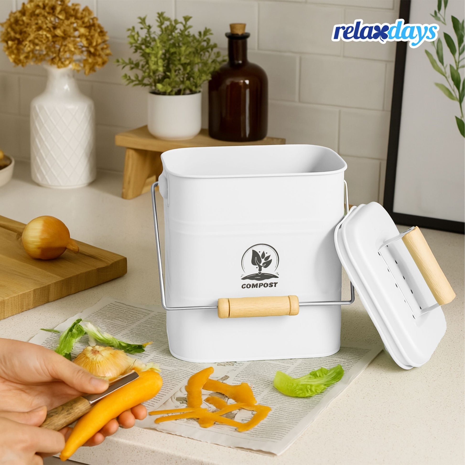 Komposteimer Küche 3,5L Weiss-Hellbraun-Silber von Relaxdays