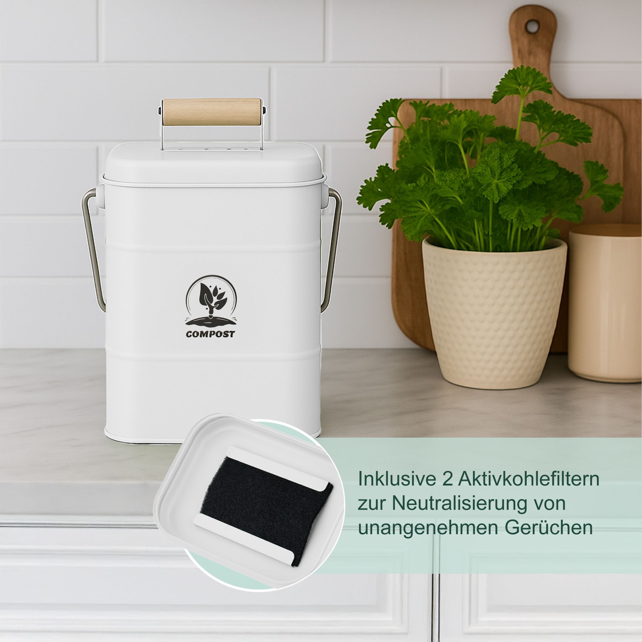 Komposteimer Küche 3,5L Weiss-Hellbraun-Silber von Relaxdays
