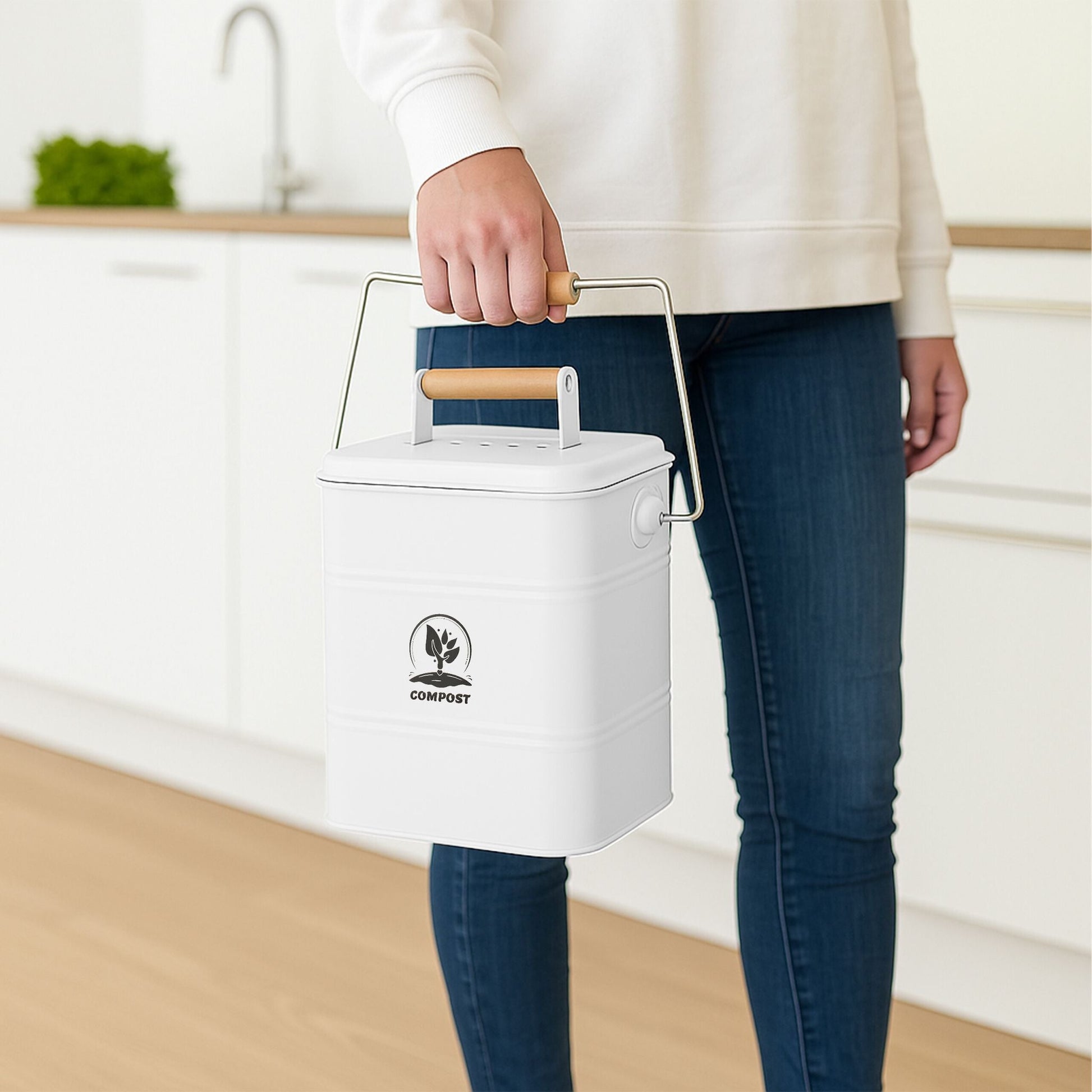 Komposteimer Küche 3,5L Weiss-Hellbraun-Silber von Relaxdays