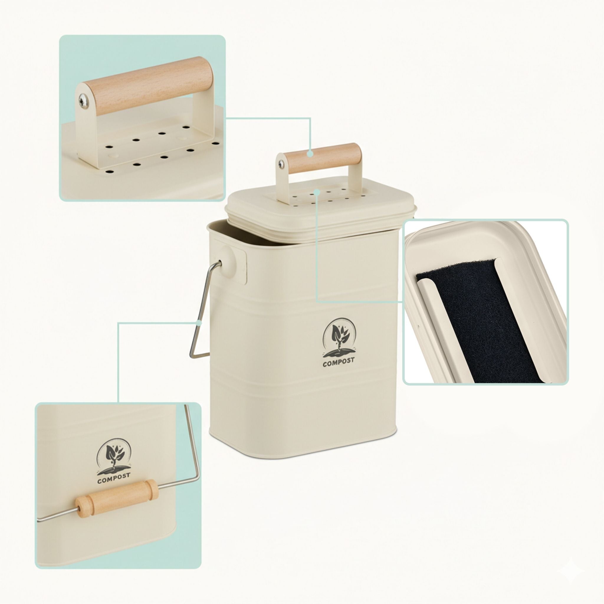 Komposteimer Küche 3,5L Creme-Hellbraun-Silber von Relaxdays