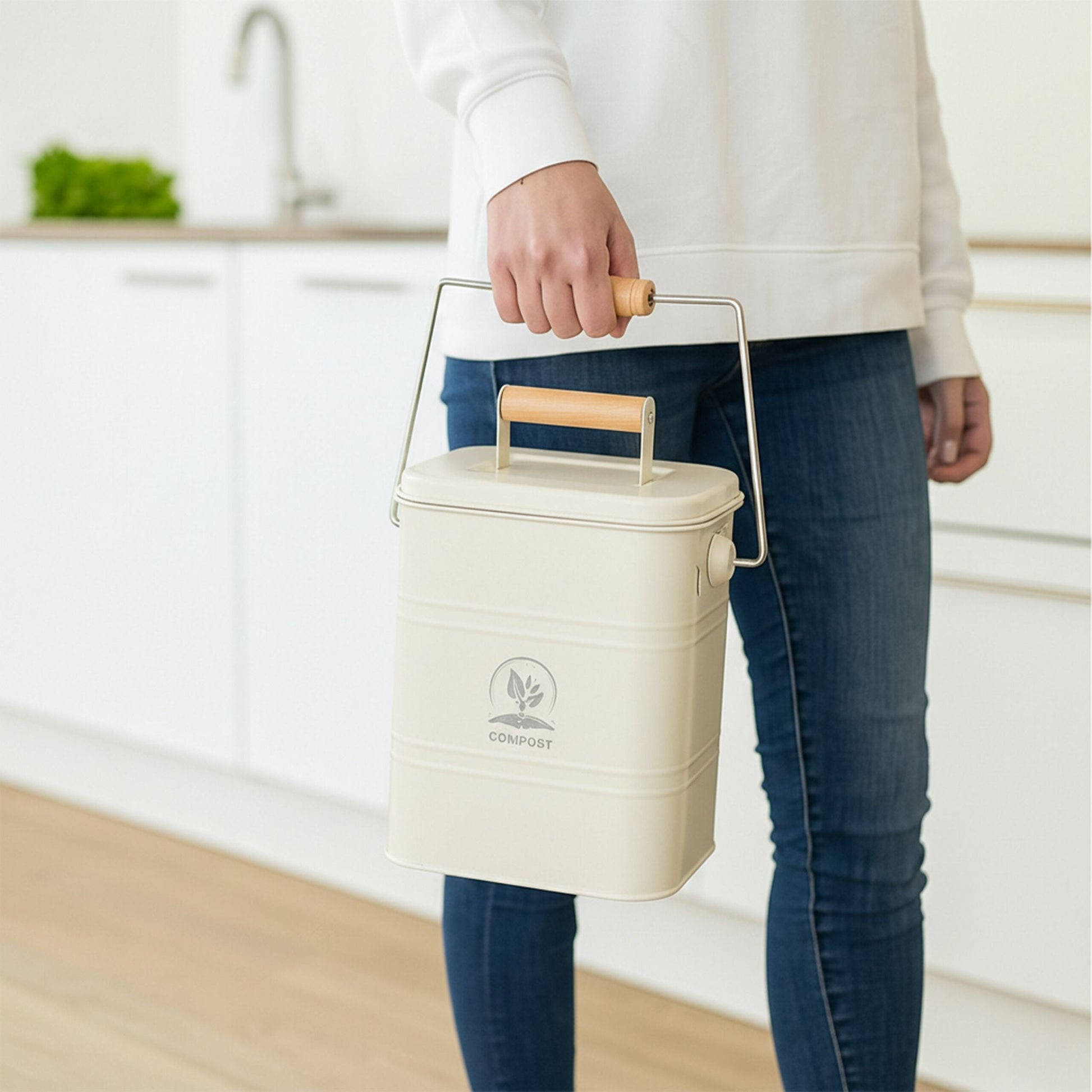 Komposteimer Küche 3,5L Creme-Hellbraun-Silber von Relaxdays