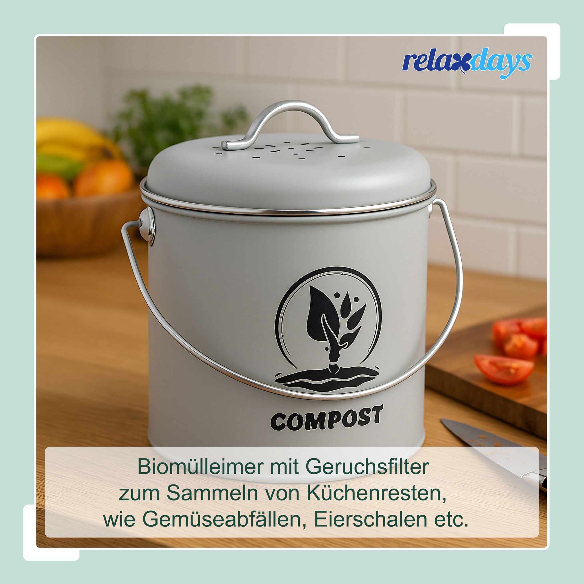 Runder Komposteimer Küche 3,5L Schwarz-Silber-Grau
