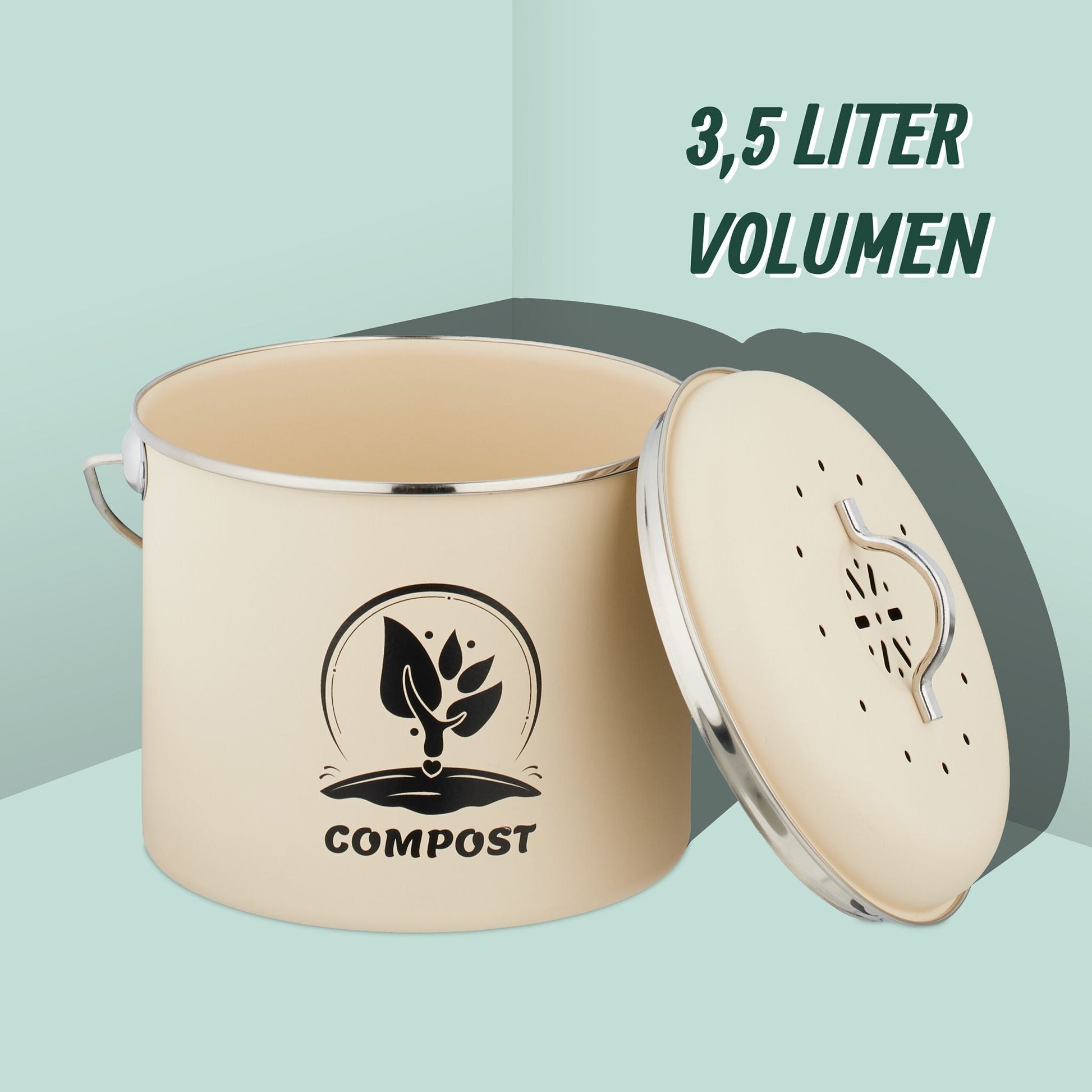 Runder Komposteimer Küche 3,5L Creme-Schwarz-Silber von Relaxdays