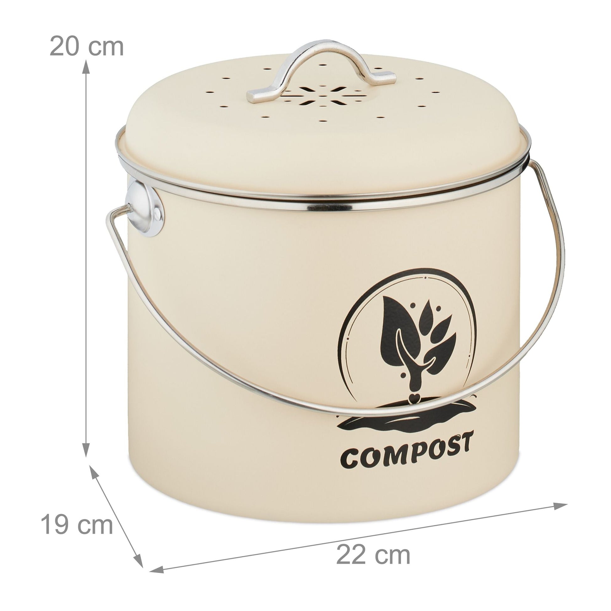 Runder Komposteimer Küche 3,5L Creme-Schwarz-Silber von Relaxdays