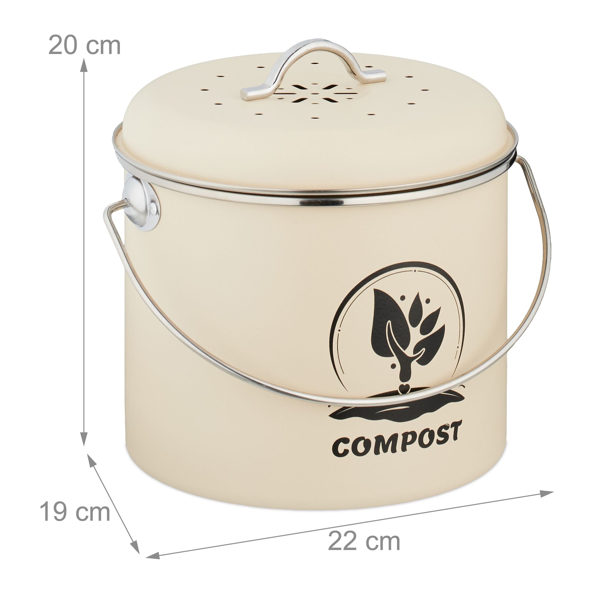 Runder Komposteimer Küche 3,5L Creme-Schwarz-Silber von Relaxdays