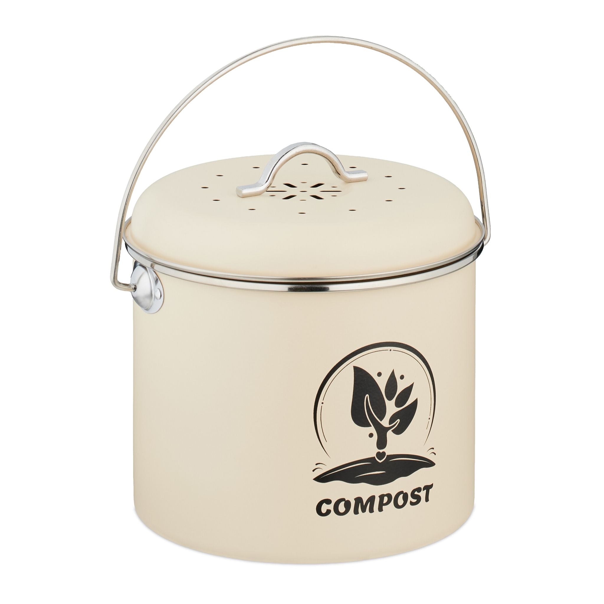 Runder Komposteimer Küche 3,5L Creme-Schwarz-Silber von Relaxdays