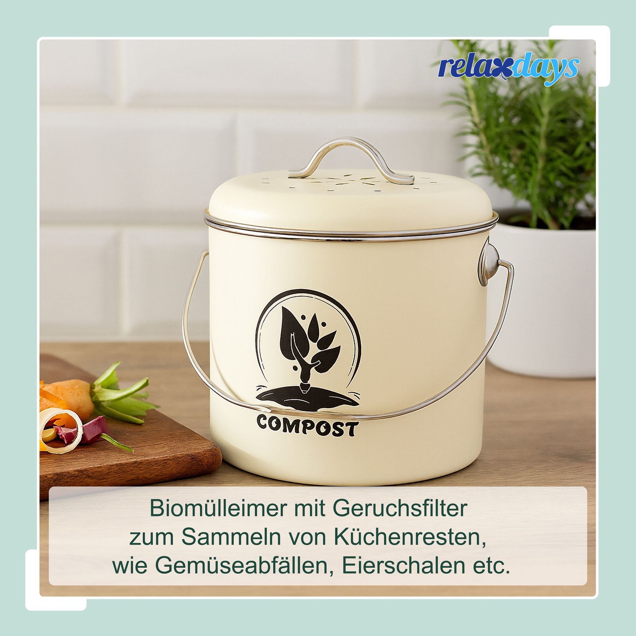 Runder Komposteimer Küche 3,5L Creme-Schwarz-Silber von Relaxdays